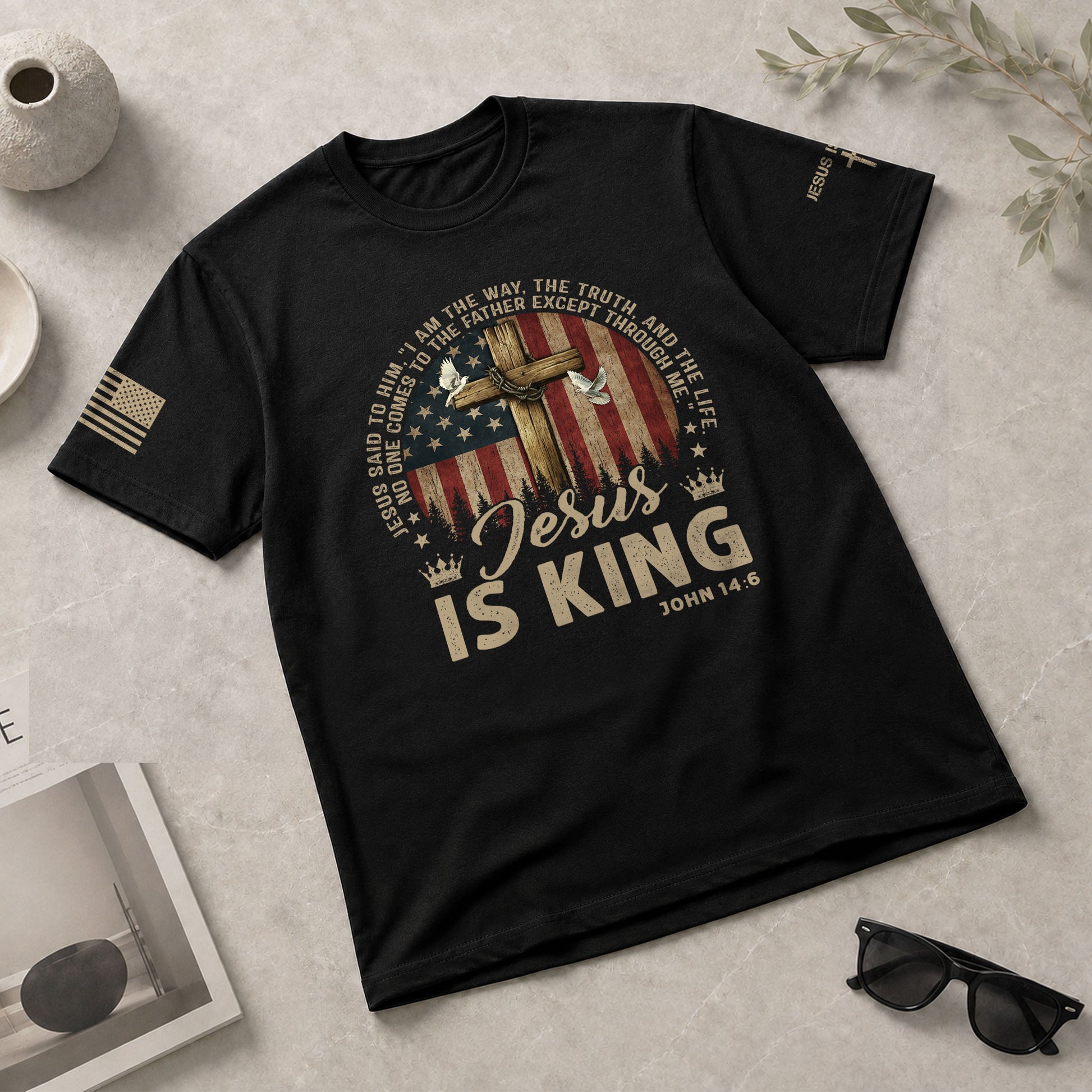 Christian Tee Shirts, Jesus Is King , Cross, American Flag and Christian Faith - Christian Shirts for Men - Rust Field Wear