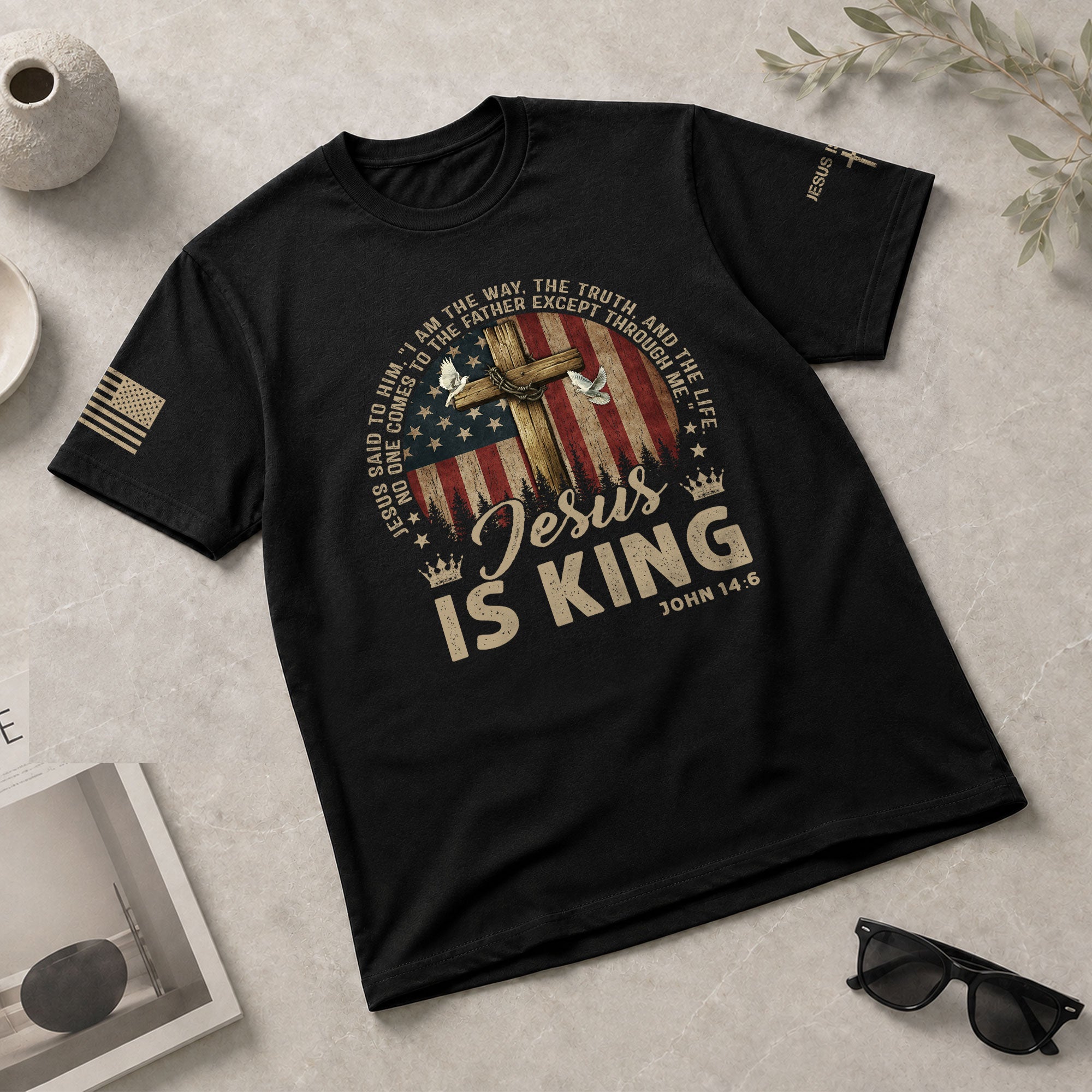 Christian Tee Shirts, Jesus Is King , Cross, American Flag and Christian Faith - Christian Shirts for Men - Rust Field Wear