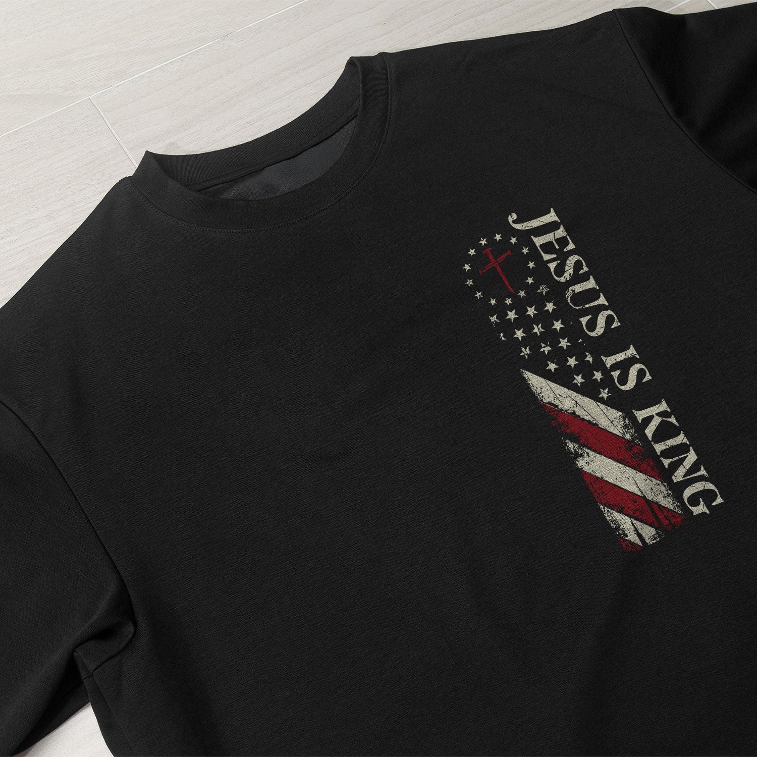 Christian Shirts for Men - Jesus Is King , Christian Cross and American Flag, Christian Tee Shirts - Rust Field Wear