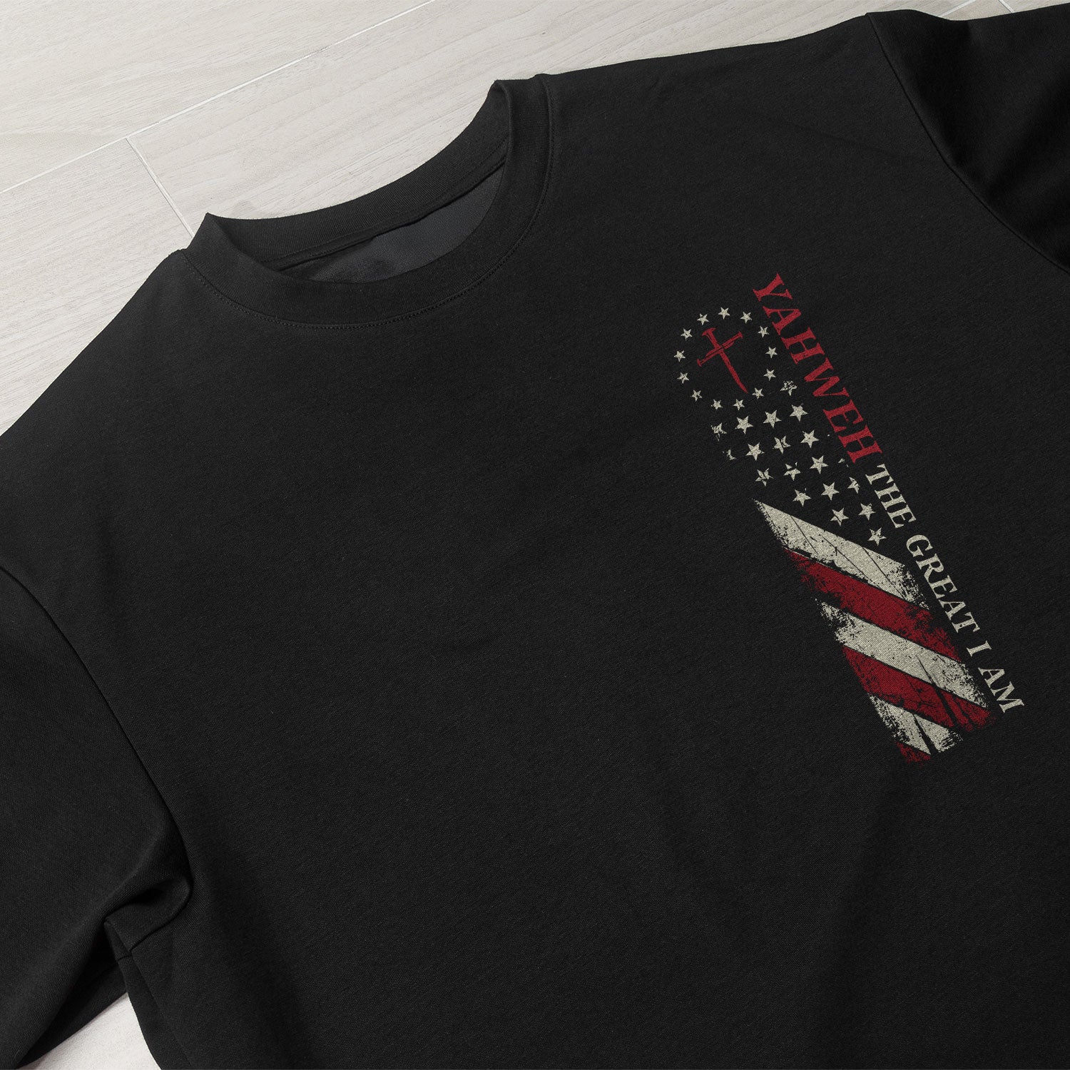 Yahweh The Great I Am , Christian Cross and American Flag, Christian Shirts for Men - Christian Tee Shirts - Rust Field Wear