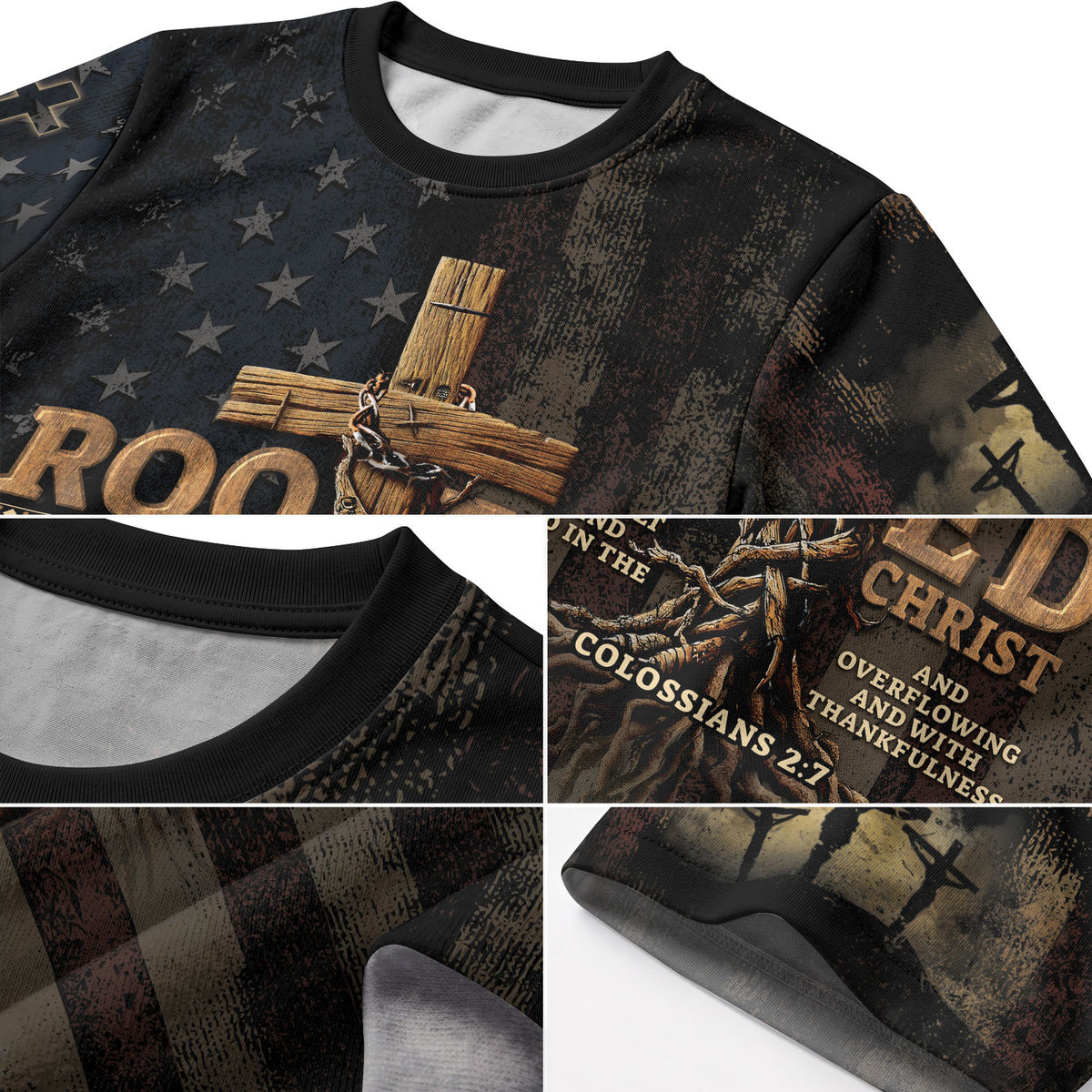 Rooted in Christ Colossians 2 7 Cross and American Flag Christian Tee Shirts - Freedom Shirts for Men, RustField Co - Rust Field Wear