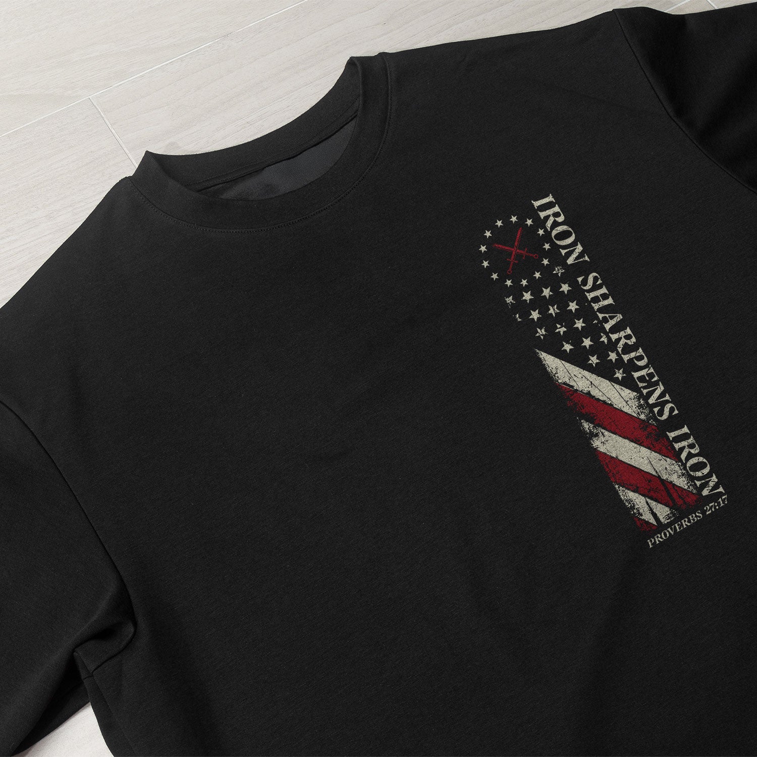 Christian Tee Shirts, Iron Sharpens Iron , Christian Cross and American Flag - Christian Shirts for Men - Rust Field Wear