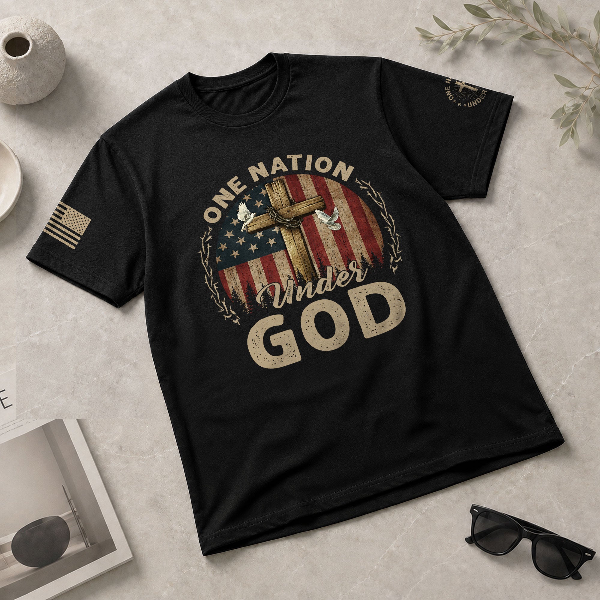 One Nation Under God Cross, Flag and Christian Boldwear, Christian Tee Shirts - Faith Shirts for Men - Rust Field Wear