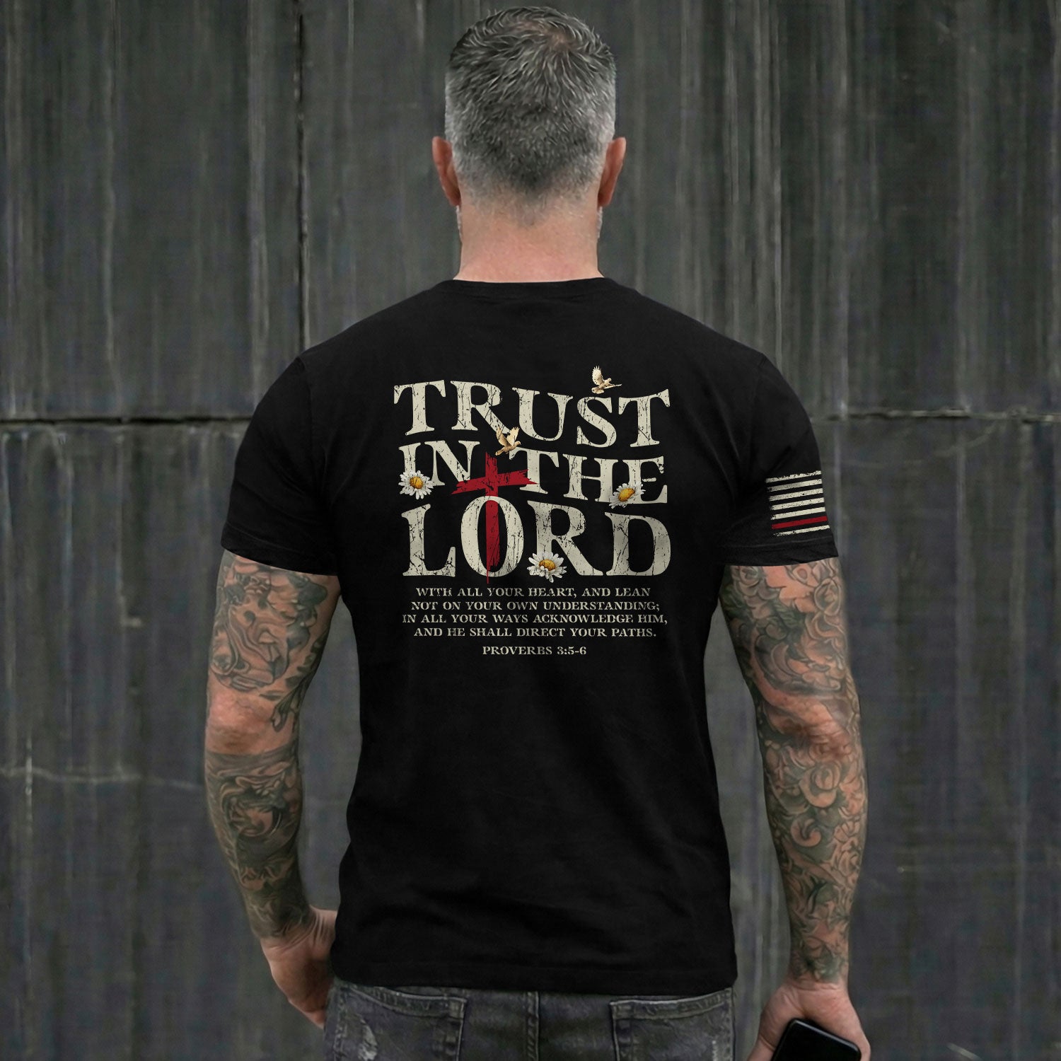 Christian Shirts for Men, Trust in the Lord Christian American Flag, Proverbs 3:5 6 Bible Verse - Christian Tee Shirts - Rust Field Wear