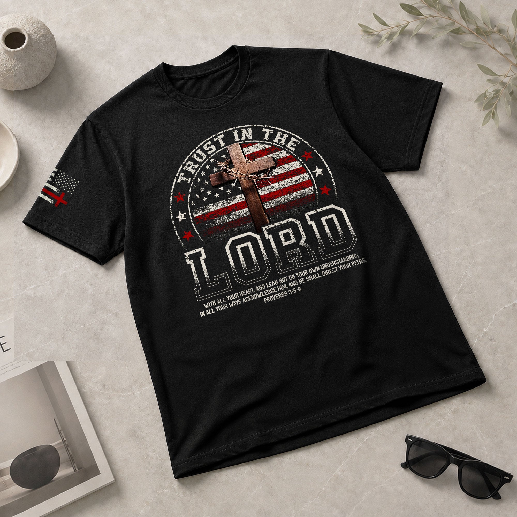 Faith Based Christian Tee Shirts, Trust In The Lord Christian American Flag Cross - Christian Shirts for Men - Rust Field Wear