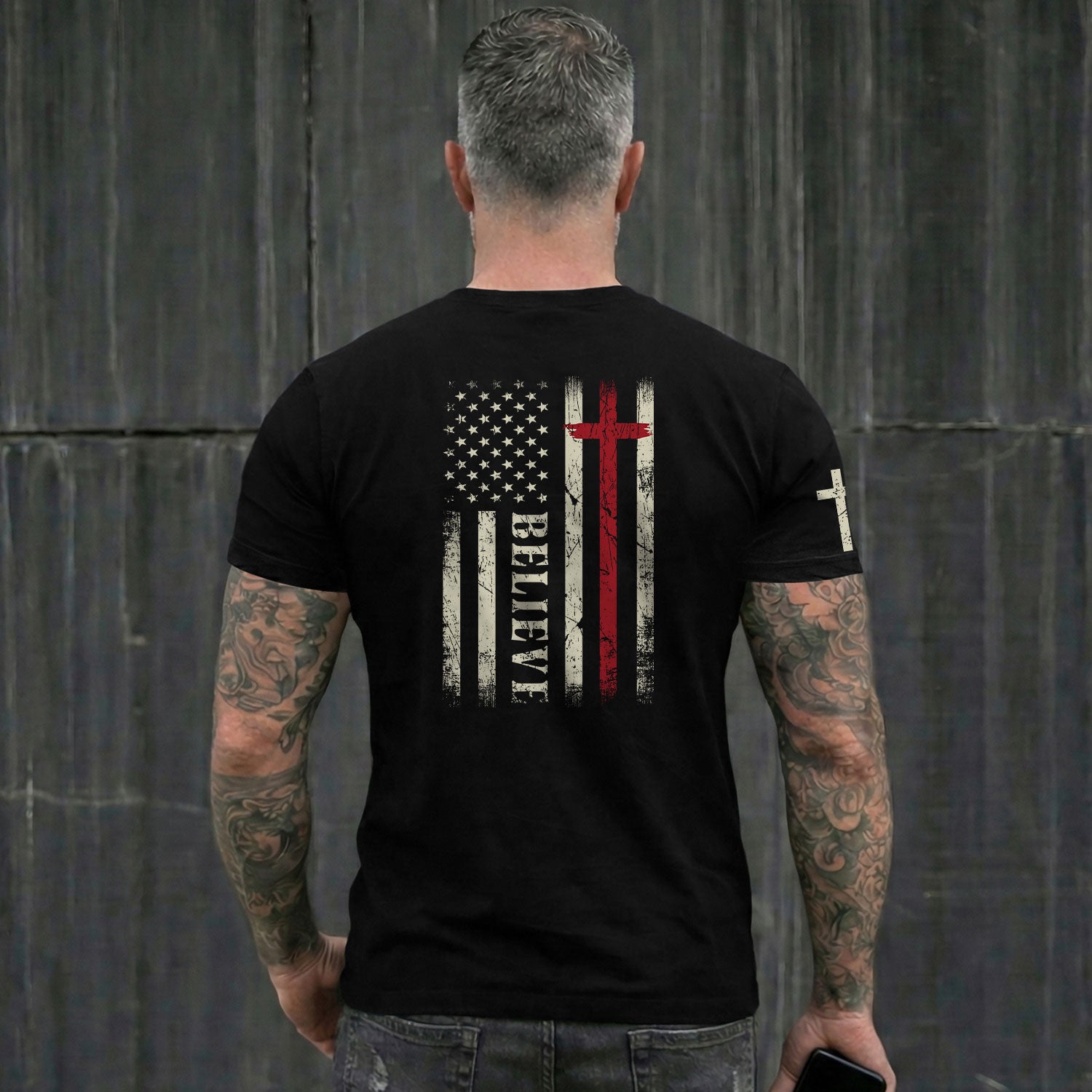 Believe American Flag Cross, Christian Tee Shirts - Faith Shirts for Men - Rust Field Wear