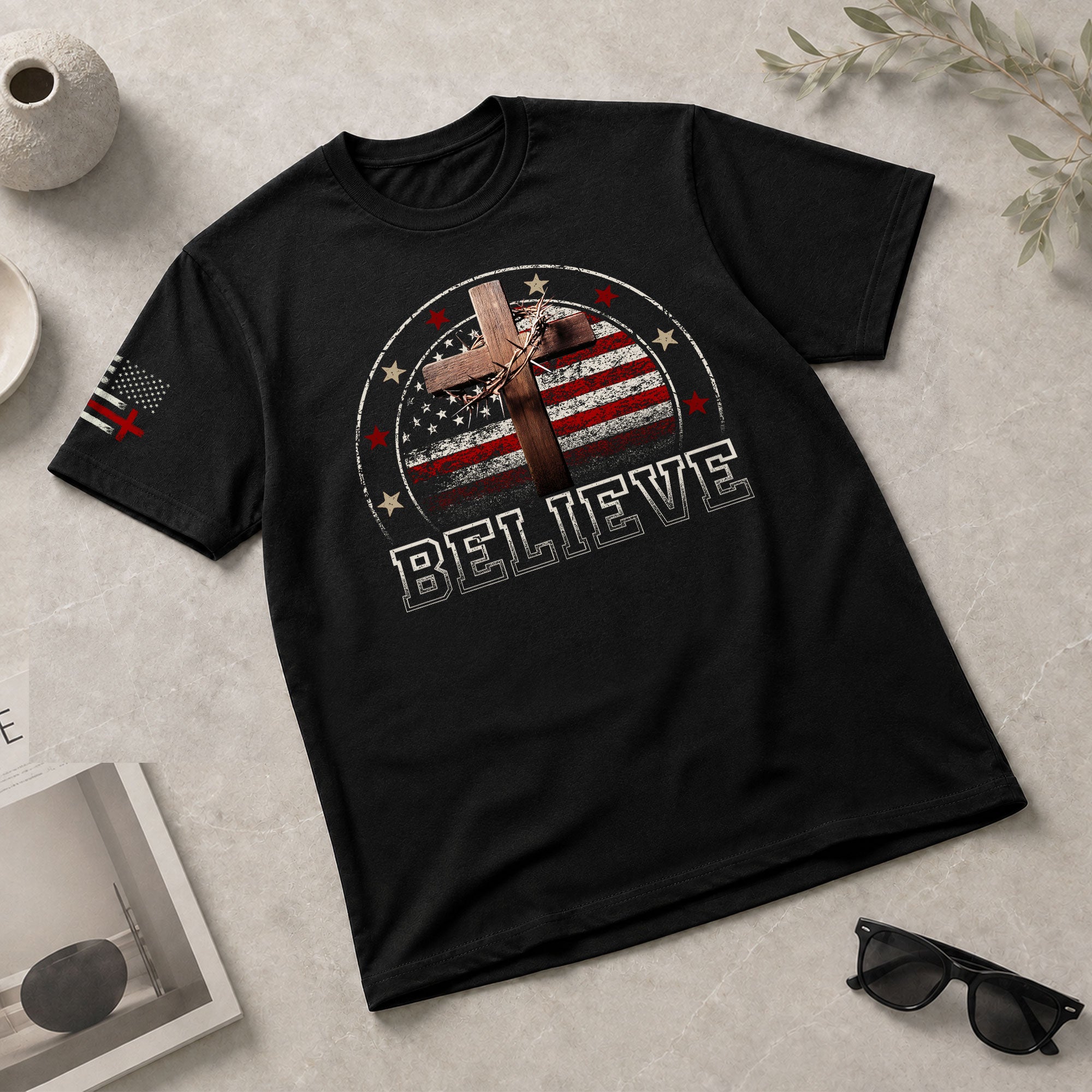 Believe American Flag and Cross Christian - Christian Tee Shirts, Christian Shirts for Men - Rust Field Wear