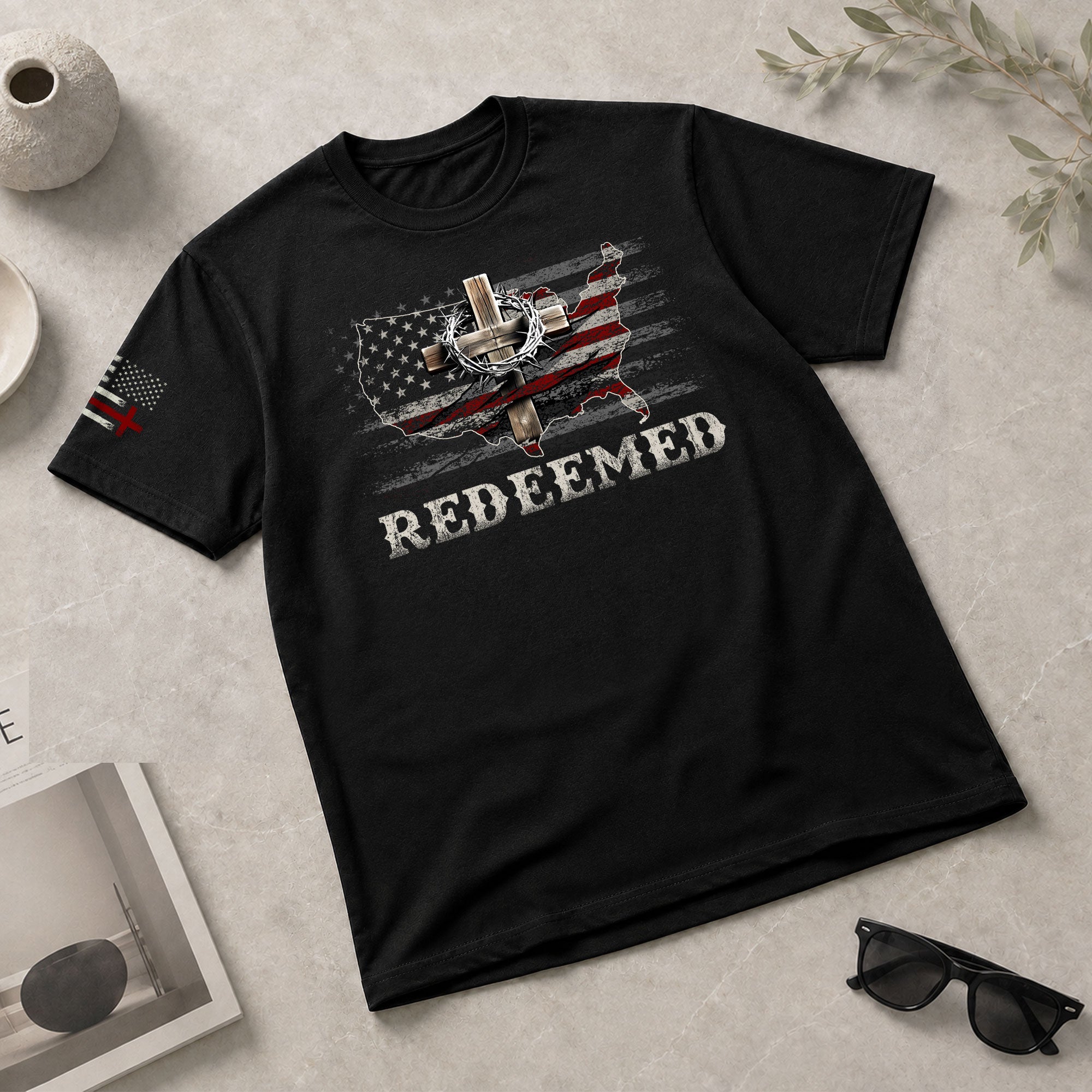 Christian Shirts for Men - Redeemed USA Flag Cross Christian, Christian Tee Shirts - Rust Field Wear