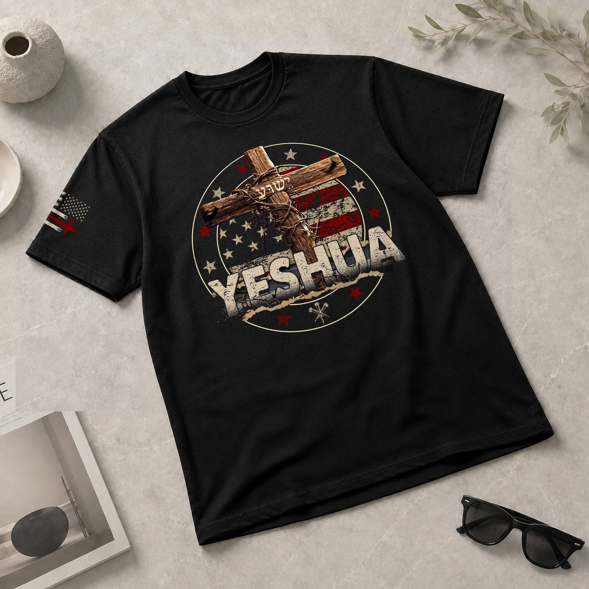 Christian Shirts for Men - Yeshua Cross and Flag, Christian Tee Shirts - Rust Field Wear