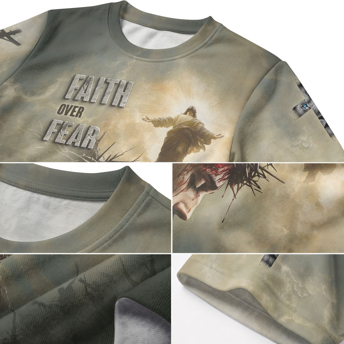 Christian Tee Shirts for Men, RustField Co - Faith Over Fear Jesus Crown of Thorns, Freedom Shirts - Rust Field Wear