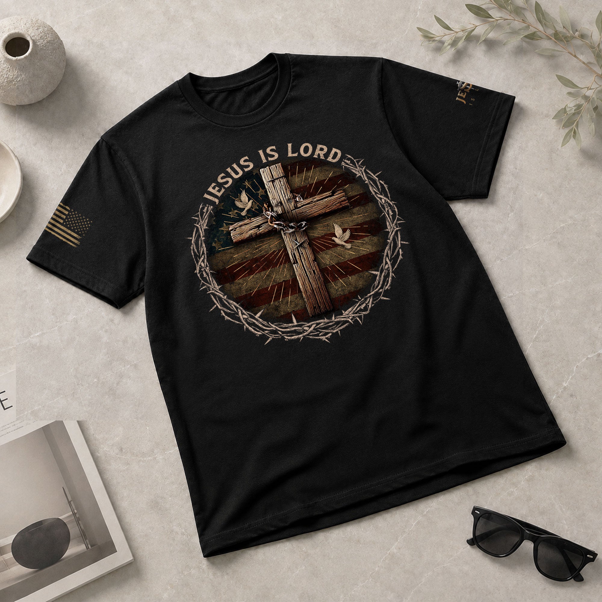 Christian Shirts for Men - Jesus Is Lord Cross and American Flag, Christian Tee Shirts - Rust Field Wear