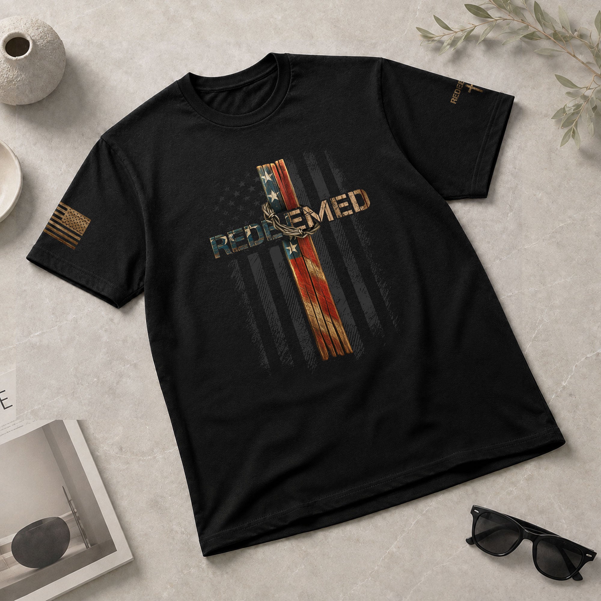 Christian Tee Shirts, Redeemed American Flag Cross Christian - Christian Shirts for Men - Rust Field Wear