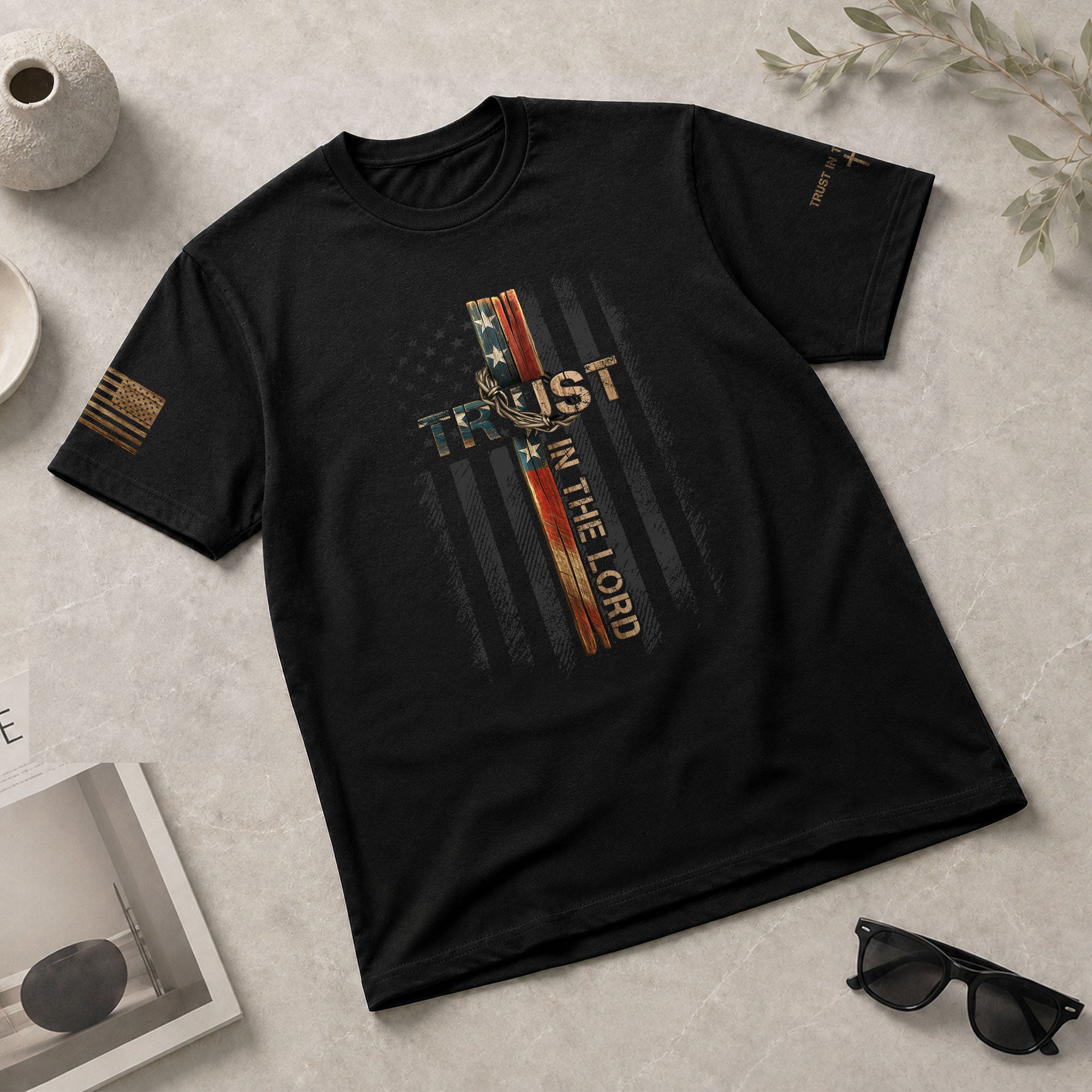 Trust In The Lord American Flag Cross - Christian Tee Shirts, Christian Shirts for Men - Rust Field Wear