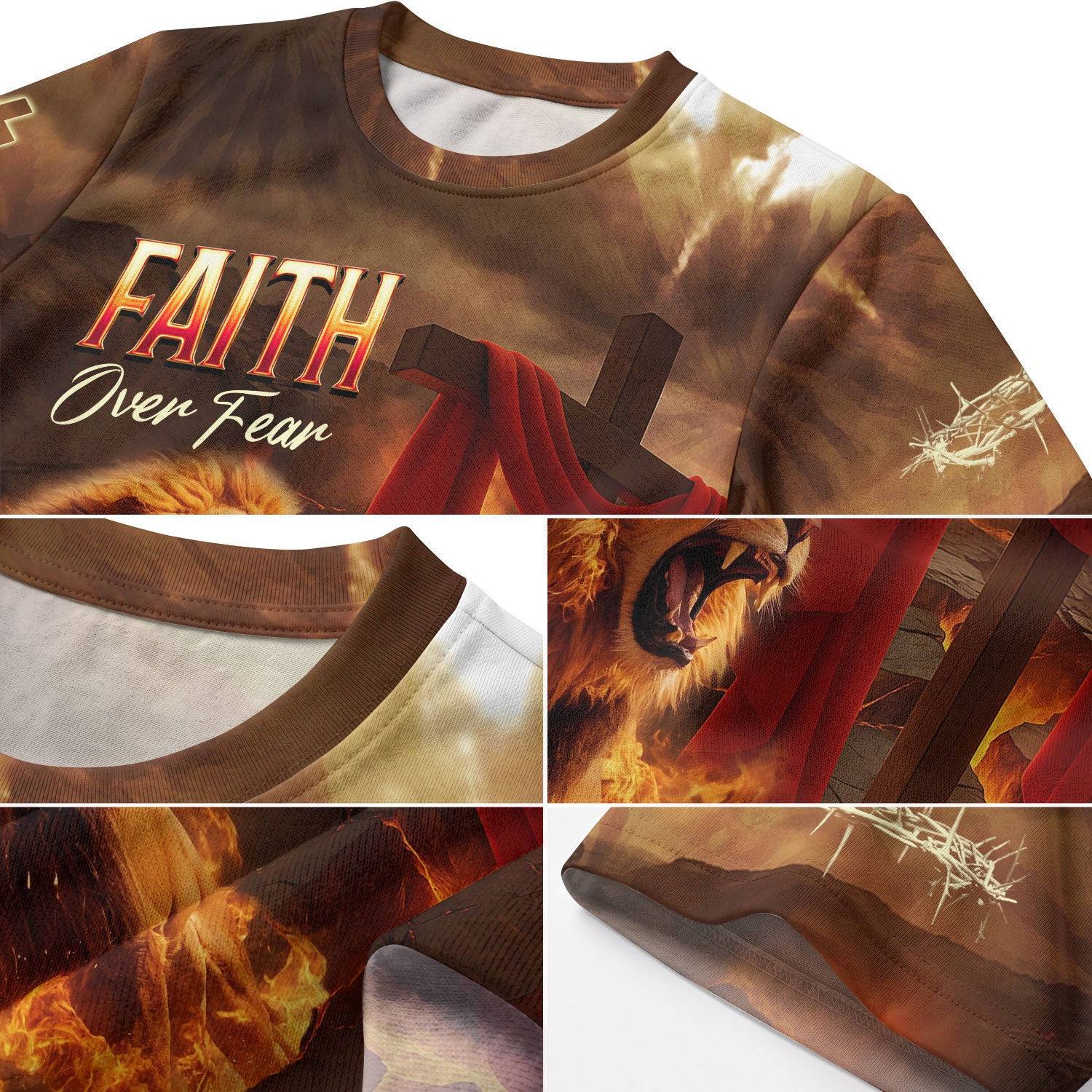 Faith Over Fear Lion and Cross in Flames - Christian Tee Shirts for Men, Freedom Shirts, RustField Co - Rust Field Wear