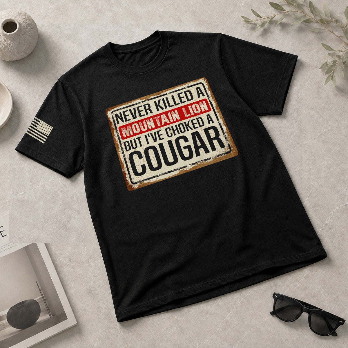 Never Killed A Mountain Lion But Ive Choked A Cougar Retro Plate Graphic T-Shirt