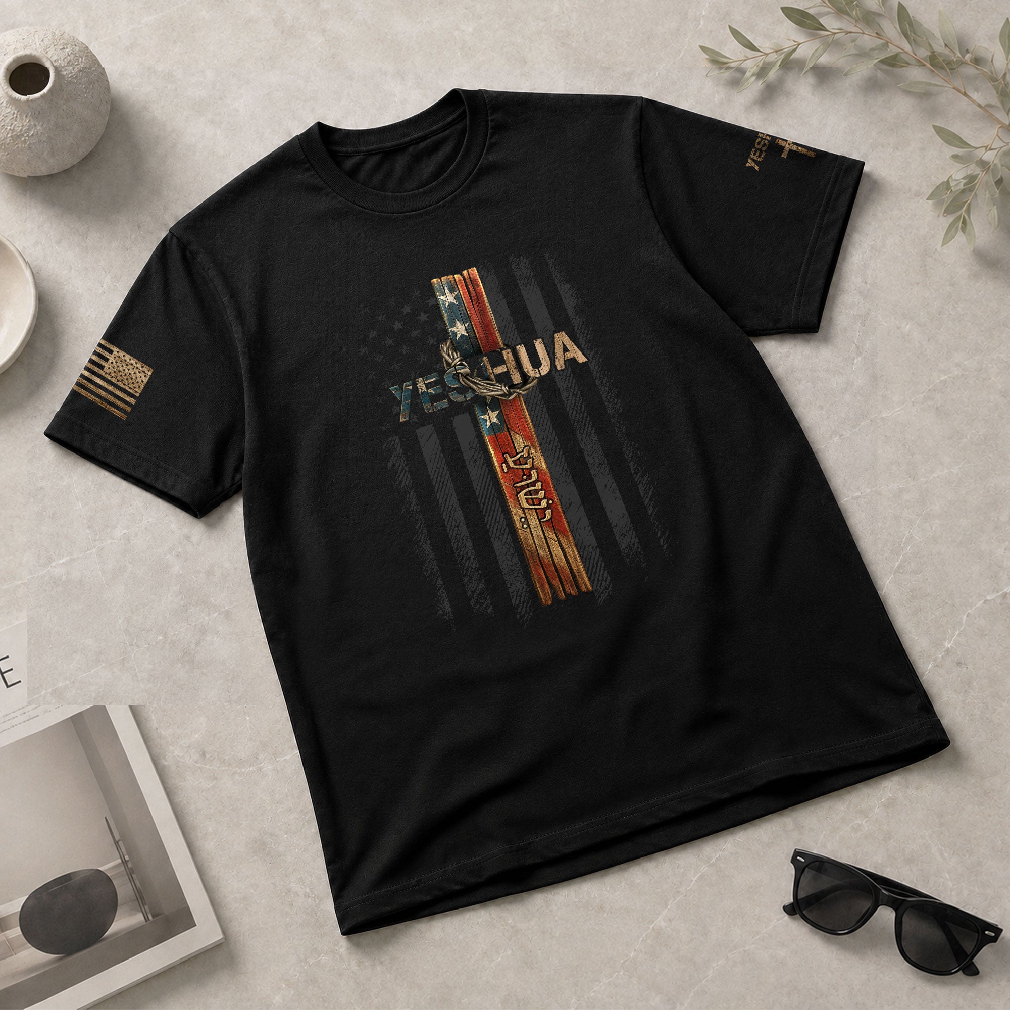 Yeshua American Flag Cross Hebrew Christian, Christian Tee Shirts - Faith Shirts for Men - Rust Field Wear