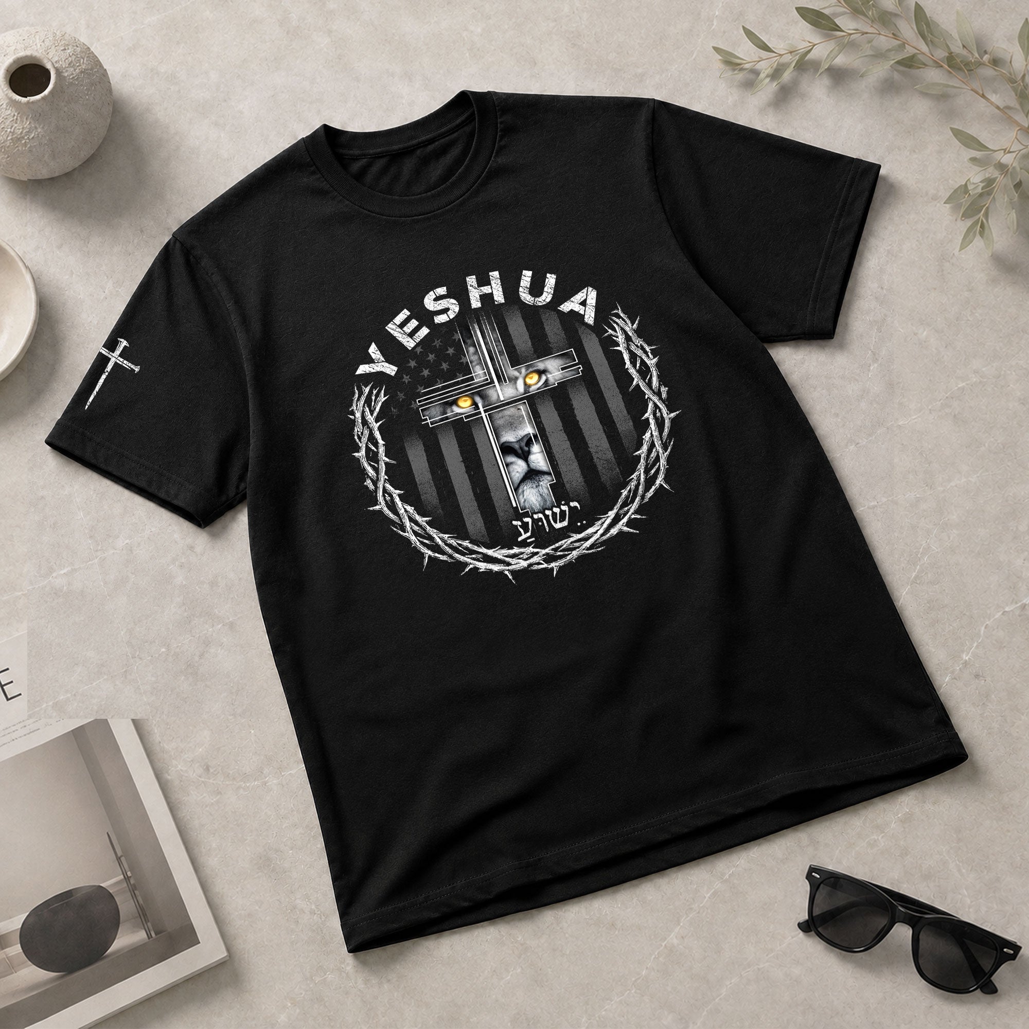 Yeshua Lion Cross Hebrew Crown Christian, Christian Shirts for Men - Christian Tee Shirts - Rust Field Wear