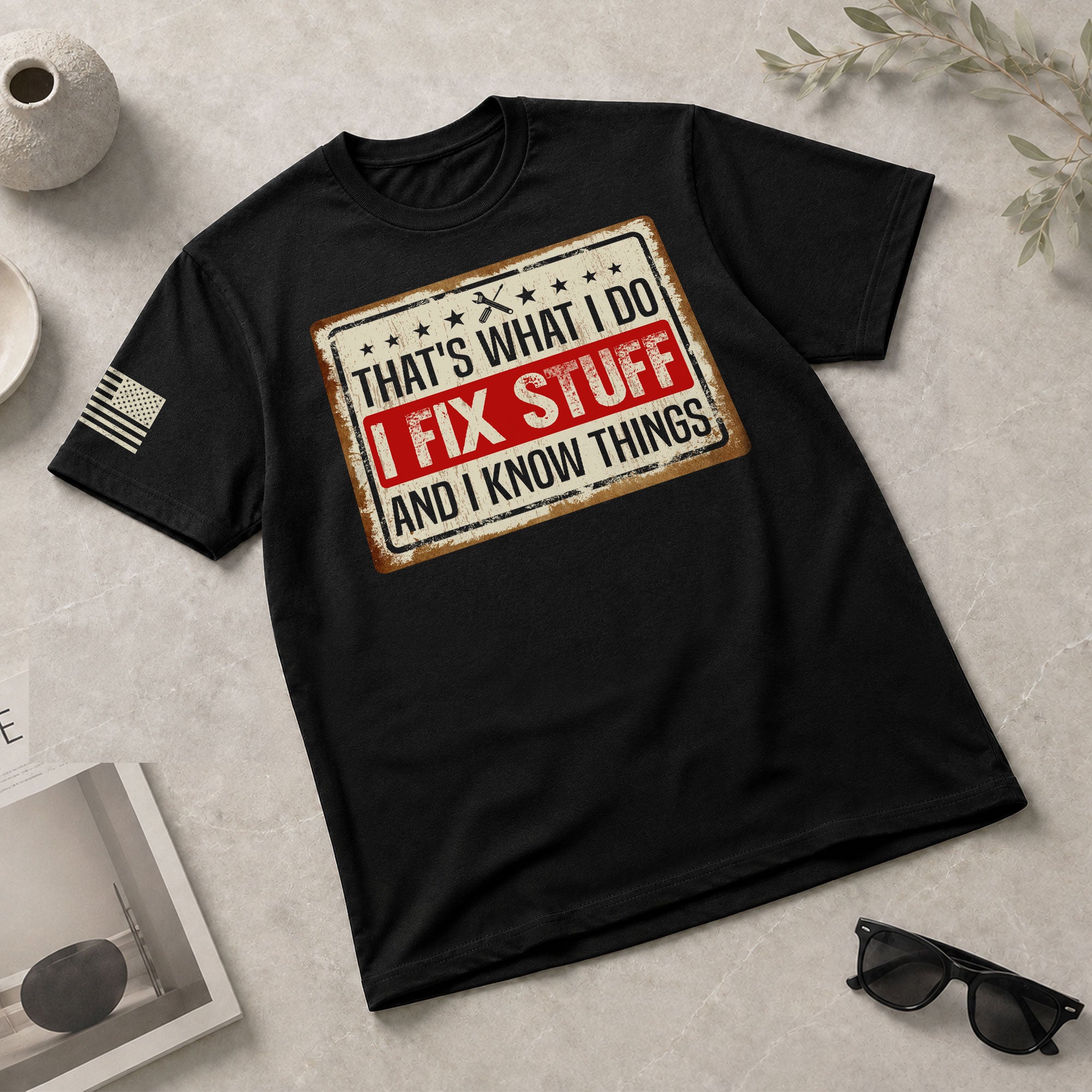 Men Vintage License Plate Graphic T-Shirt I Fix Stuff And I Know Things Sign Tee