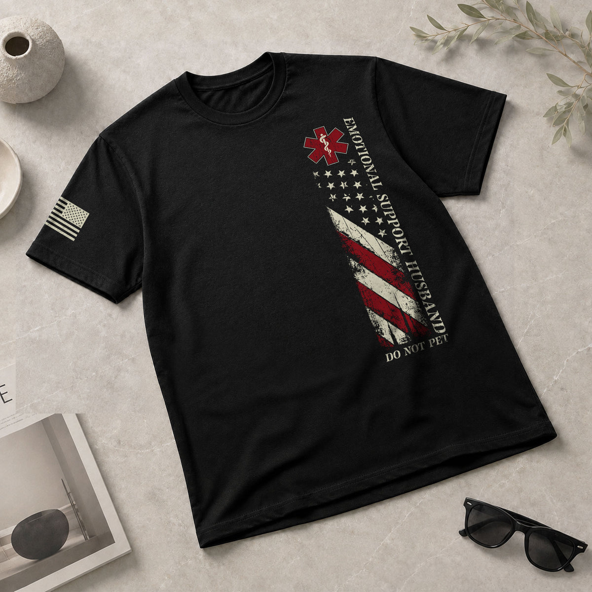 Emotional Support Husband Do Not Pet Sarcastic Flag Tee Shirt Casual Cotton Apparel
