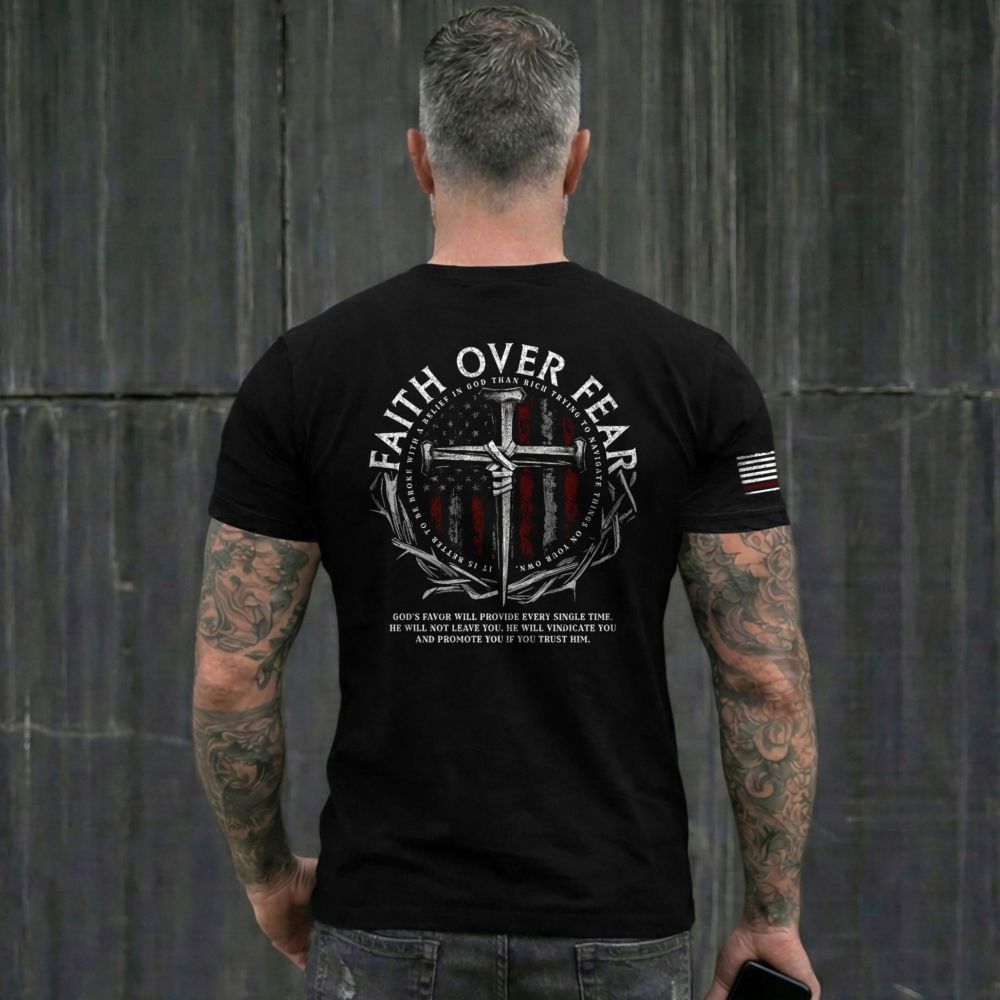 Faith Over Fear Cross With Crown of Thorns and American Flag Christian, Christian Tee Shirts - Faith Shirts for Men - Rust Field Wear