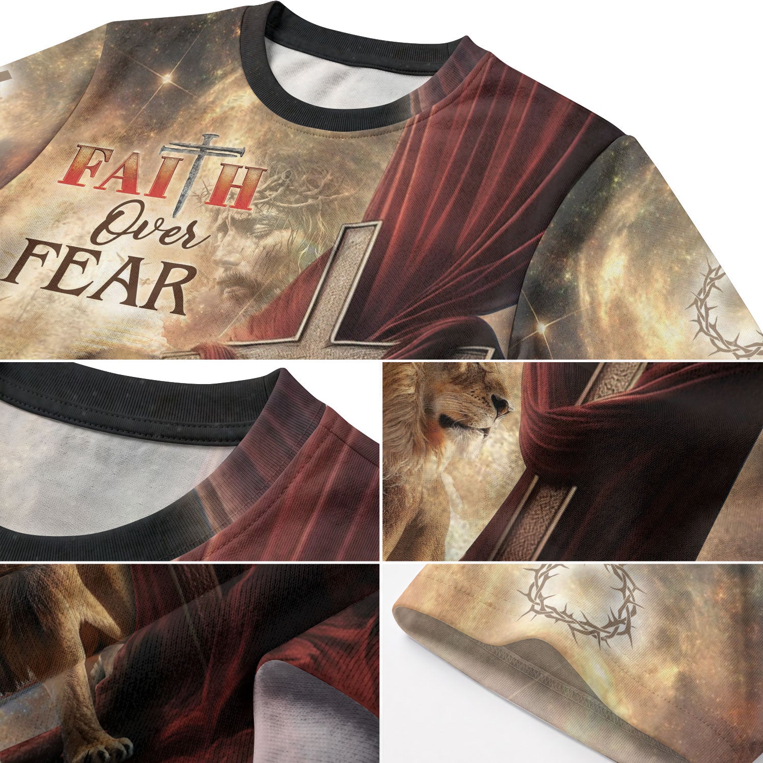 Christian Tee Shirts for Men, RustField Co - Faith Over Fear Lion and Cross Drape, Freedom Shirts - Rust Field Wear