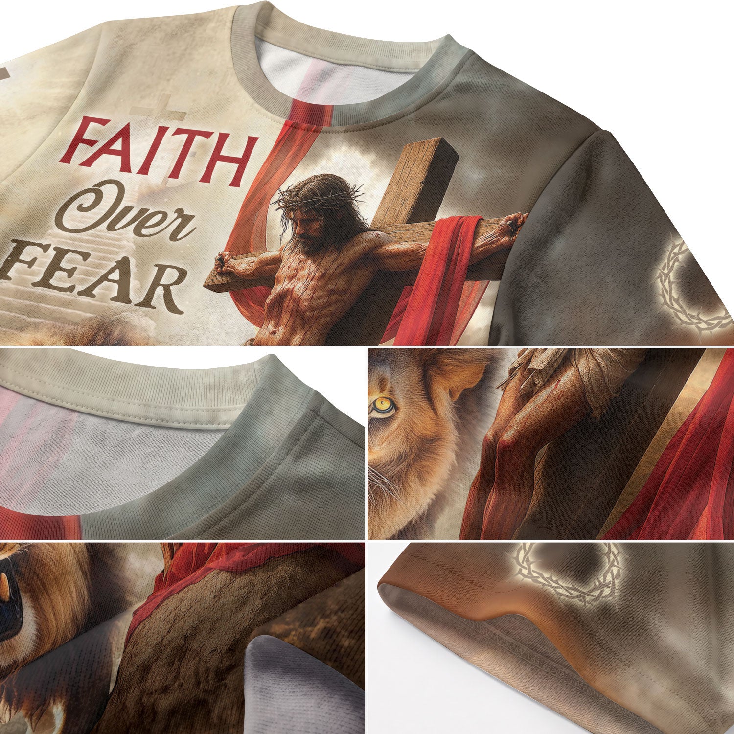 RustField Co Christian Tee Shirts - Faith Over Fear Jesus Lion and Cross, Freedom Shirts for Men - Rust Field Wear