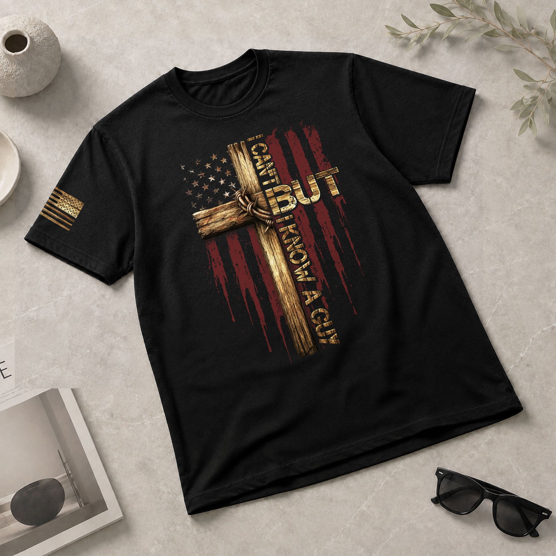 Christian Tee Shirts, I Can’t But I Know a Guy Cross and American Flag Christian - Christian Shirts for Men - Rust Field Wear