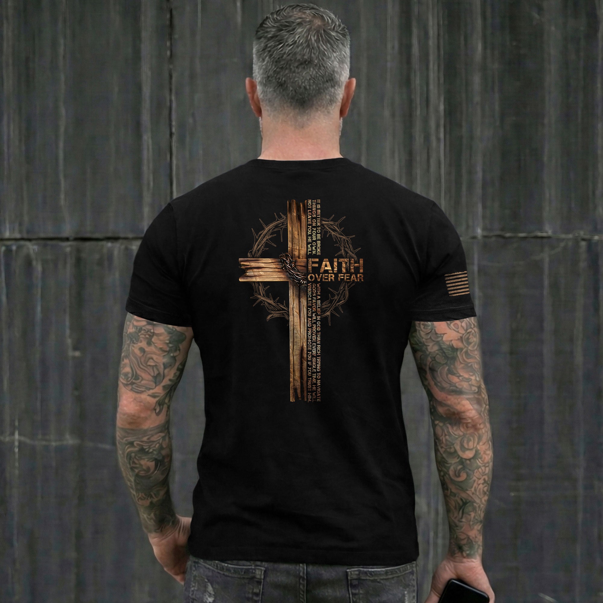 Christian Tee Shirts, Faith Over Fear Wooden Cross Crown of Thorns - Christian Shirts for Men - Rust Field Wear