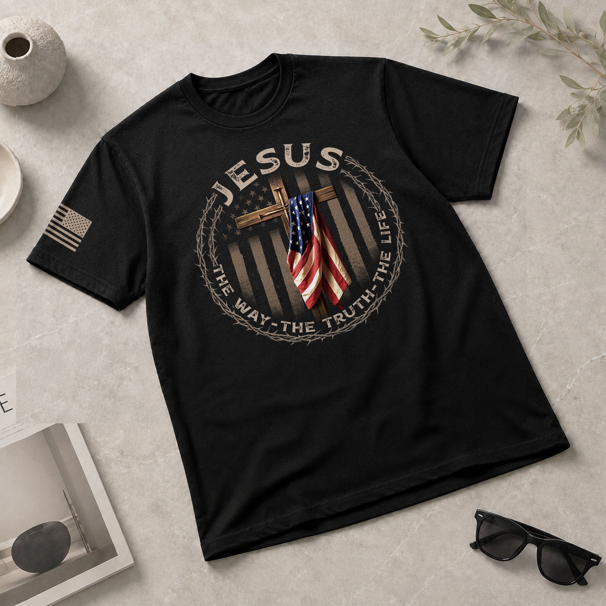 Christian Shirts for Men, Jesus The Way The Truth The Life American Flag Cross and Crown of Thorns - Christian Tee Shirts - Rust Field Wear