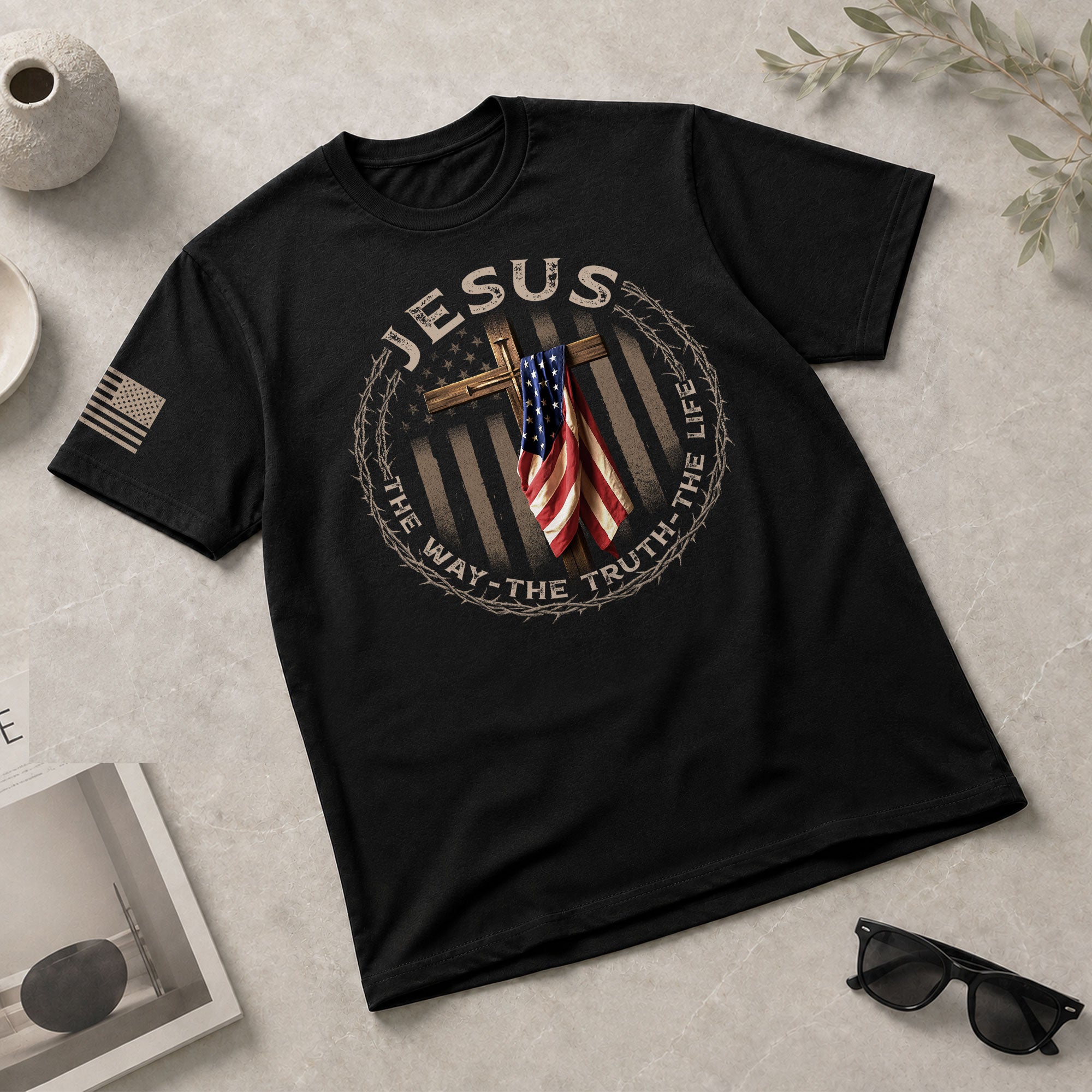 Christian Shirts for Men, Jesus The Way The Truth The Life American Flag Cross and Crown of Thorns - Christian Tee Shirts - Rust Field Wear