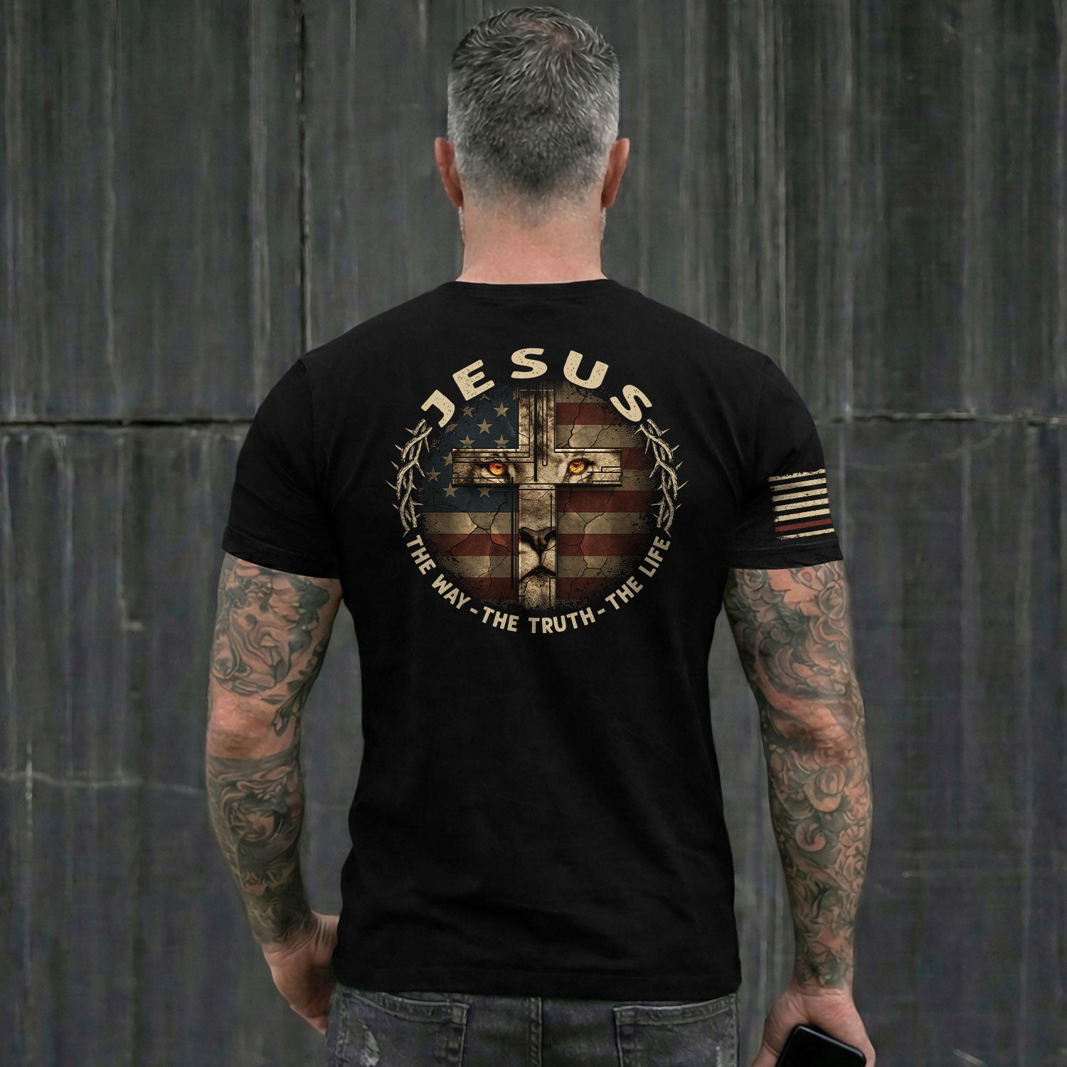 Jesus and American Flag Lion Cross The Way The Truth The Life, Christian Tee Shirts - Faith Shirts for Men - Rust Field Wear