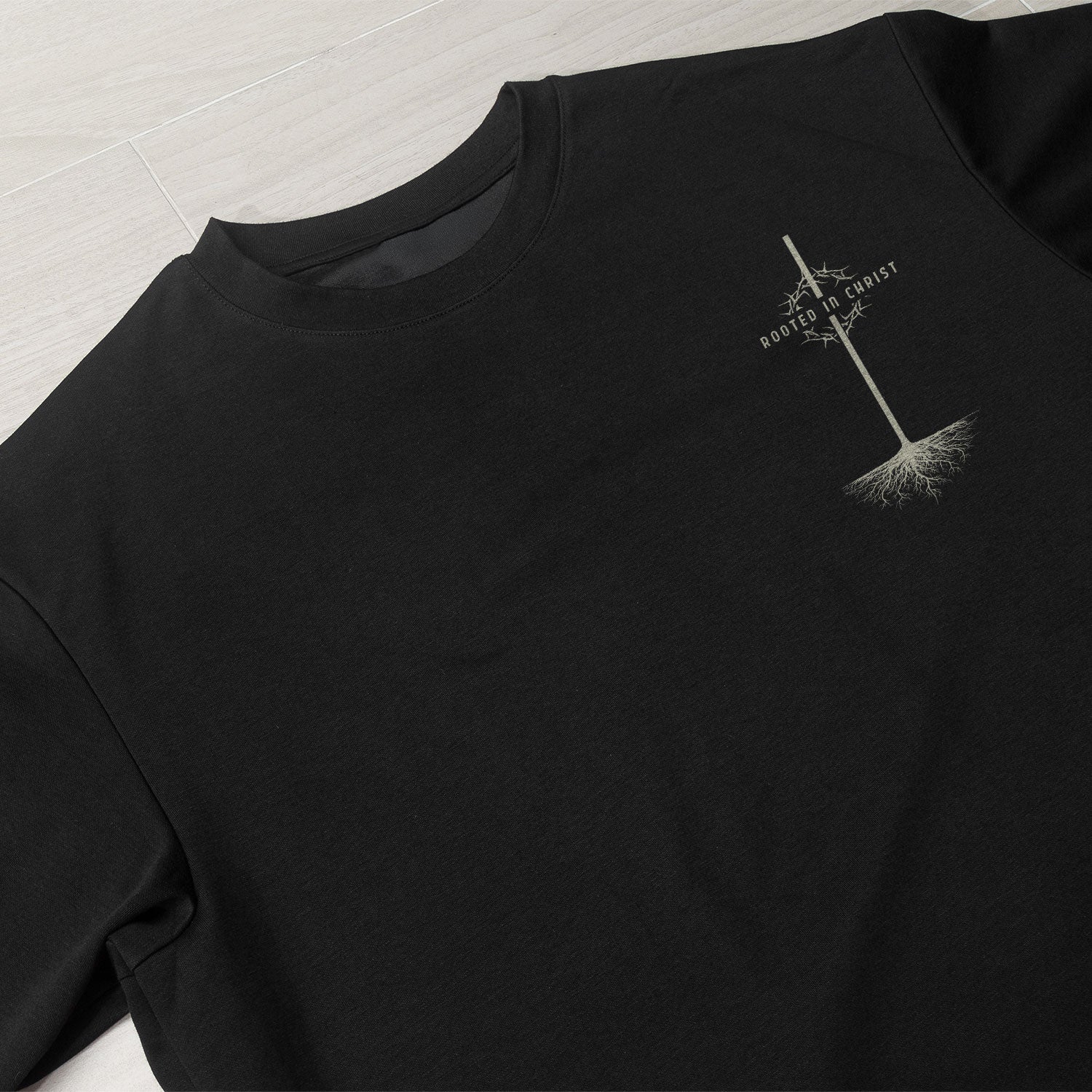 Rooted In Christ Colossians 2 7 Christian With Cross And Roots - Christian Tee Shirts, Christian Shirts for Men - Rust Field Wear