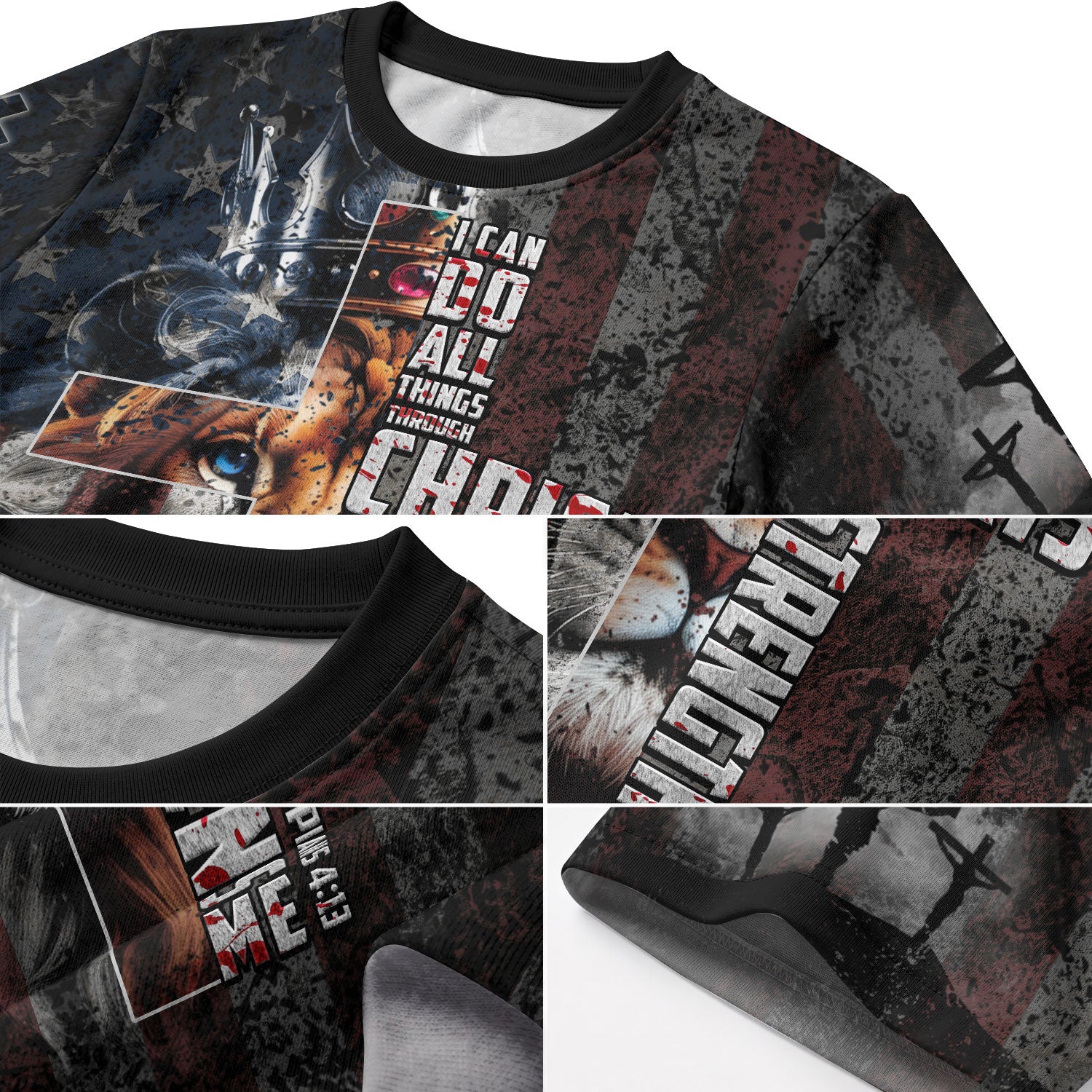 I Can Do All Things Through Christ American Flag Cross Lion Crown - RustField Co Freedom Shirts, Christian Tee Shirts for Men - Rust Field Wear