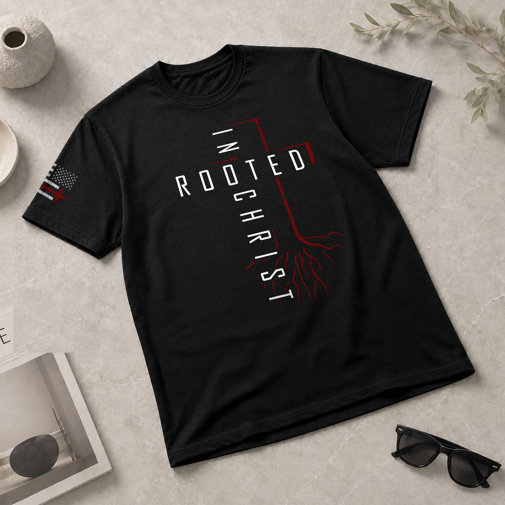 Christian Tee Shirts, Rooted In Christ Red Cross and Roots Christian - Christian Shirts for Men - Rust Field Wear