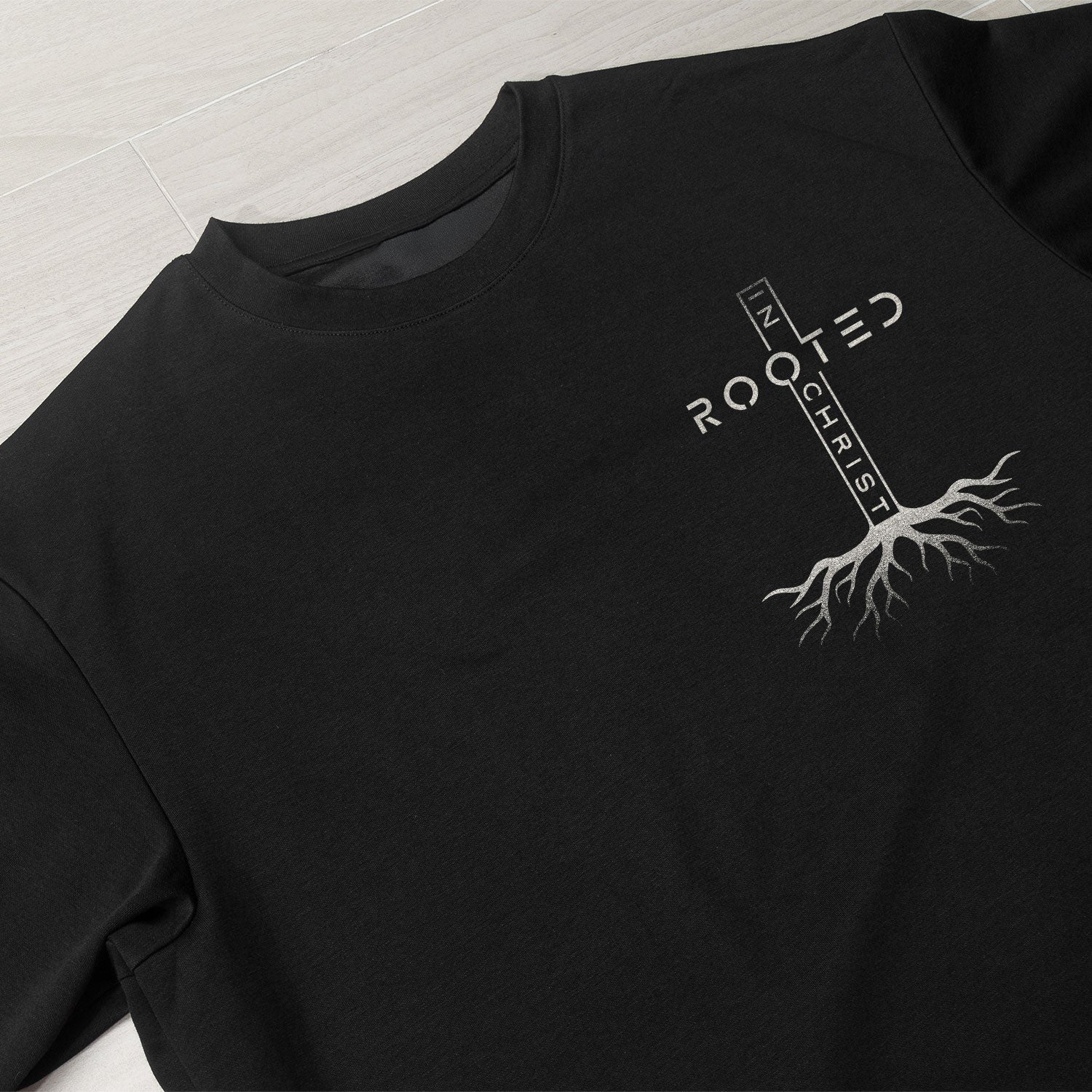 Christian Shirts for Men - Rooted In Christ Vertical Cross Roots Back Print Christian, Christian Tee Shirts - Rust Field Wear