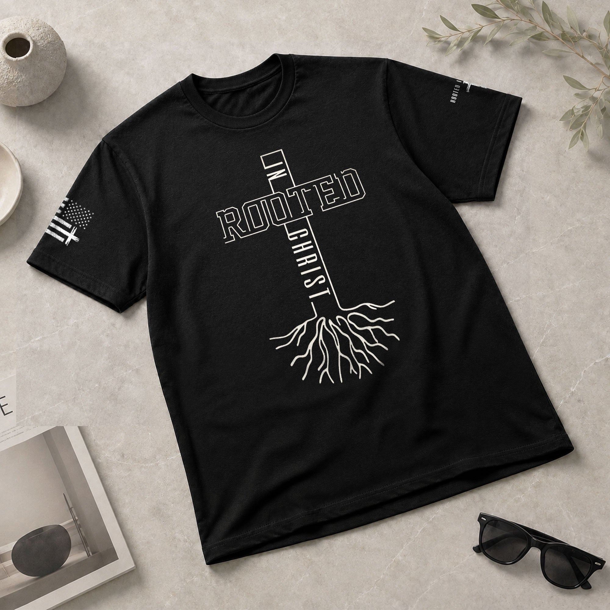 Rooted In Christ Bold Cross Roots Christian, Christian Tee Shirts - Faith Shirts for Men - Rust Field Wear