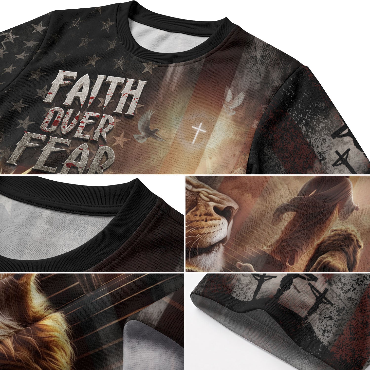 Faith Over Fear Lion of Judah Jesus American Flag Christian Tee Shirts - Freedom Shirts for Men, RustField Co - Rust Field Wear