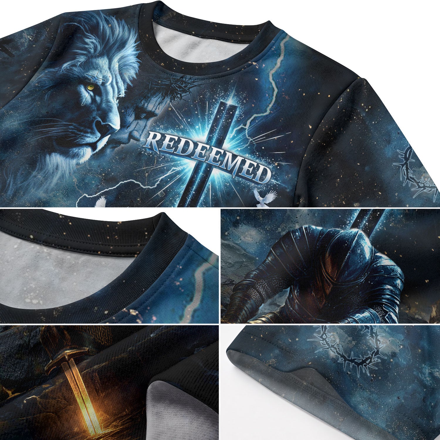Christian Tee Shirts for Men, RustField Co - Redeemed Lion Warrior Cross Night, Freedom Shirts - Rust Field Wear