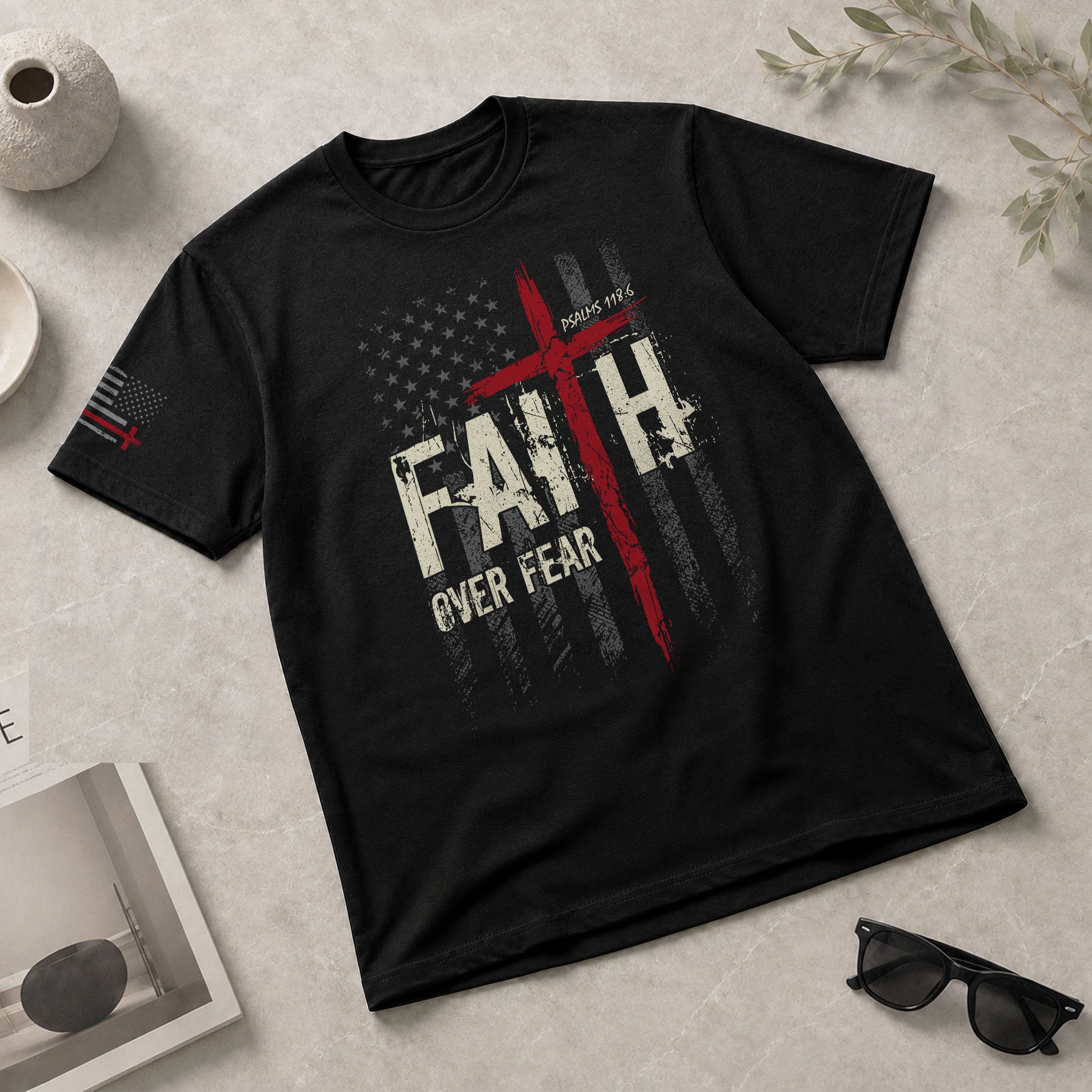 Christian Tee Shirts, Faith Over Fear Psalms 118:6 Red Cross American Flag Christian - Christian Shirts for Men - Rust Field Wear