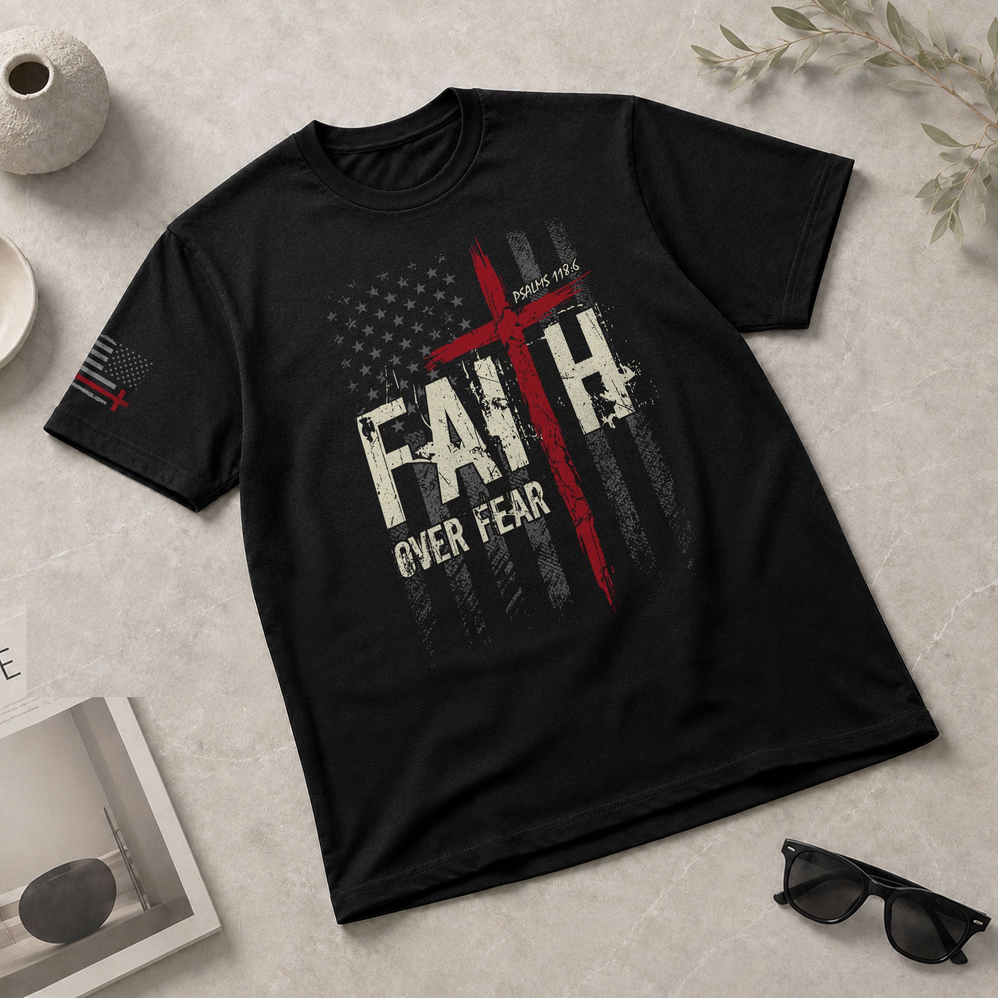 Christian Tee Shirts, Faith Over Fear Psalms 118:6 Red Cross American Flag Christian - Christian Shirts for Men - Rust Field Wear