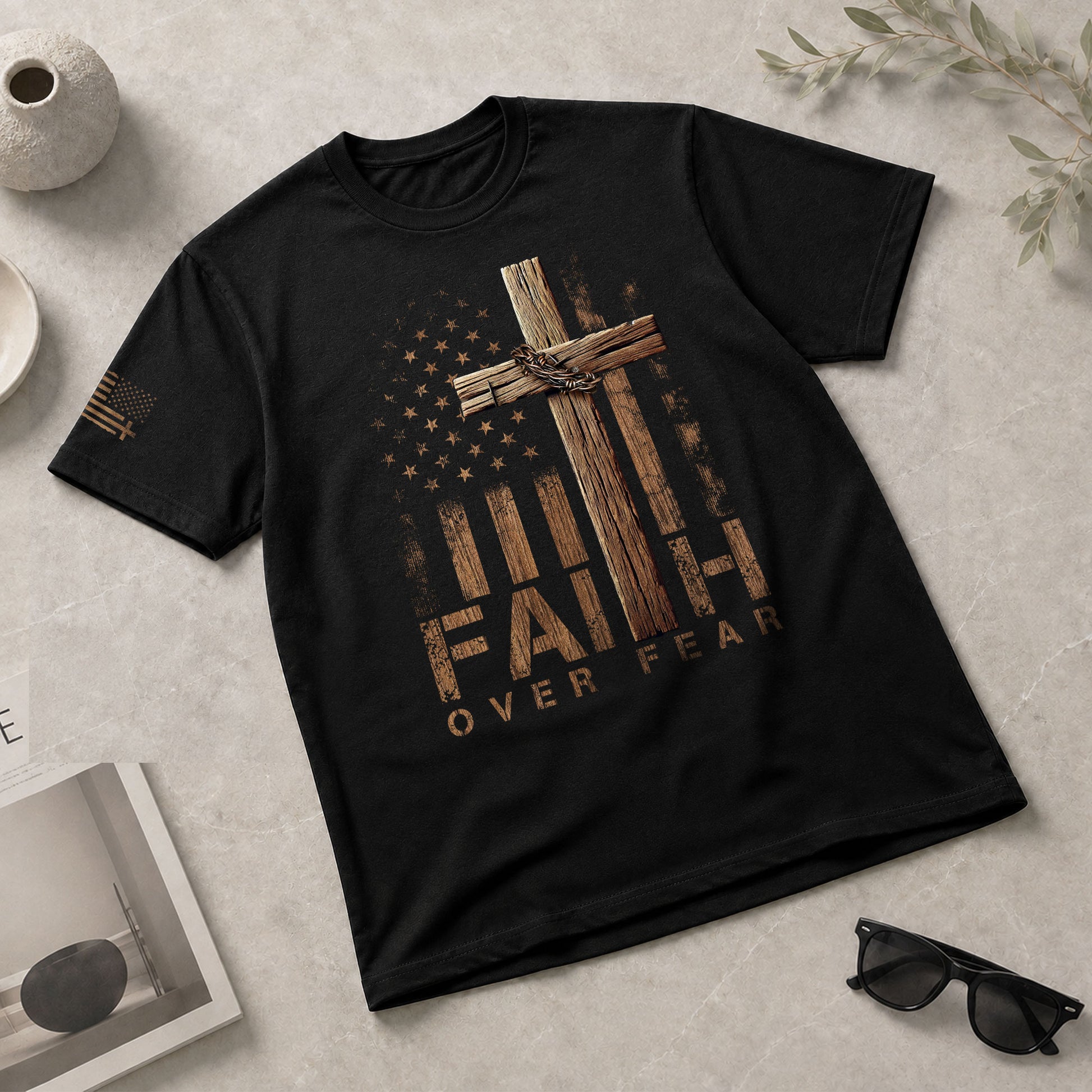 Faith Over Fear Wooden Cross American Flag Christian - Christian Shirts for Men, Faith Based Christian Tee Shirts - Rust Field Wear