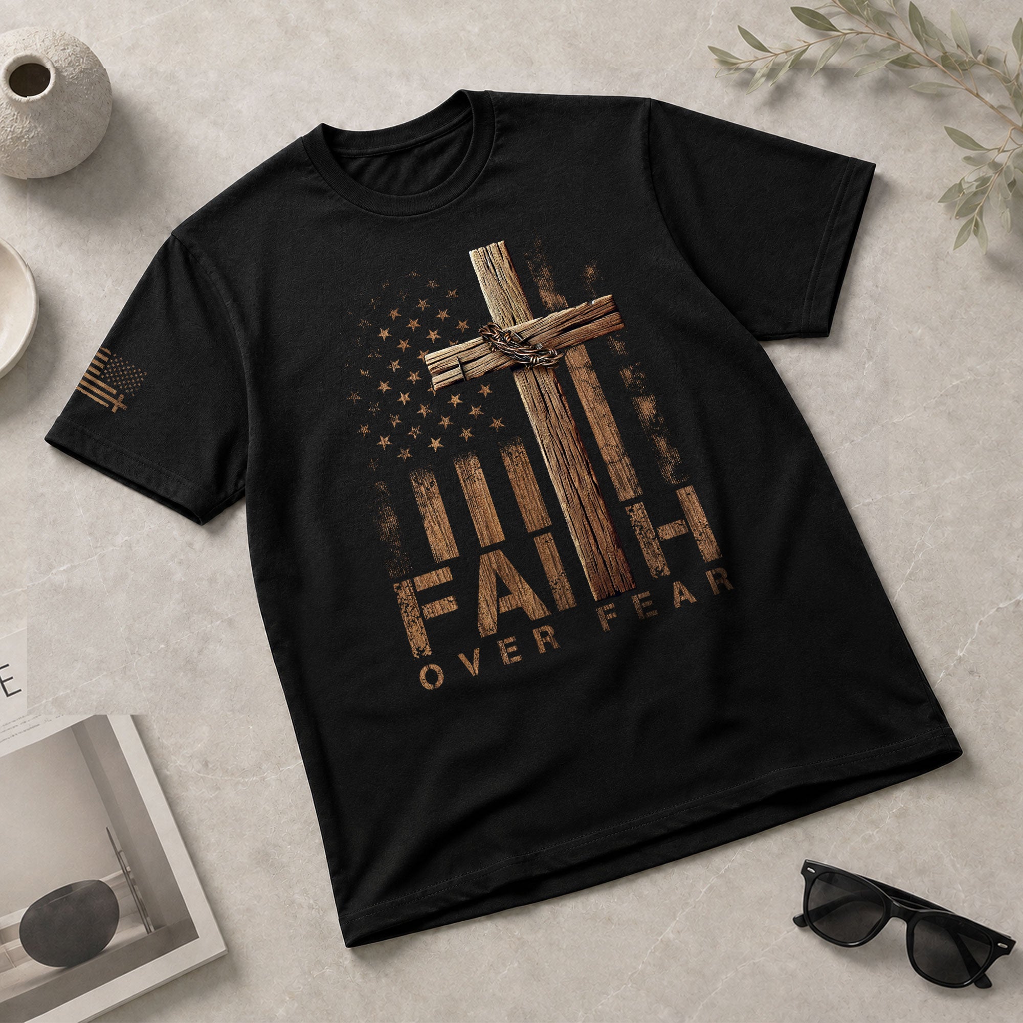 Faith Over Fear Wooden Cross American Flag Christian - Christian Shirts for Men, Faith Based Christian Tee Shirts - Rust Field Wear