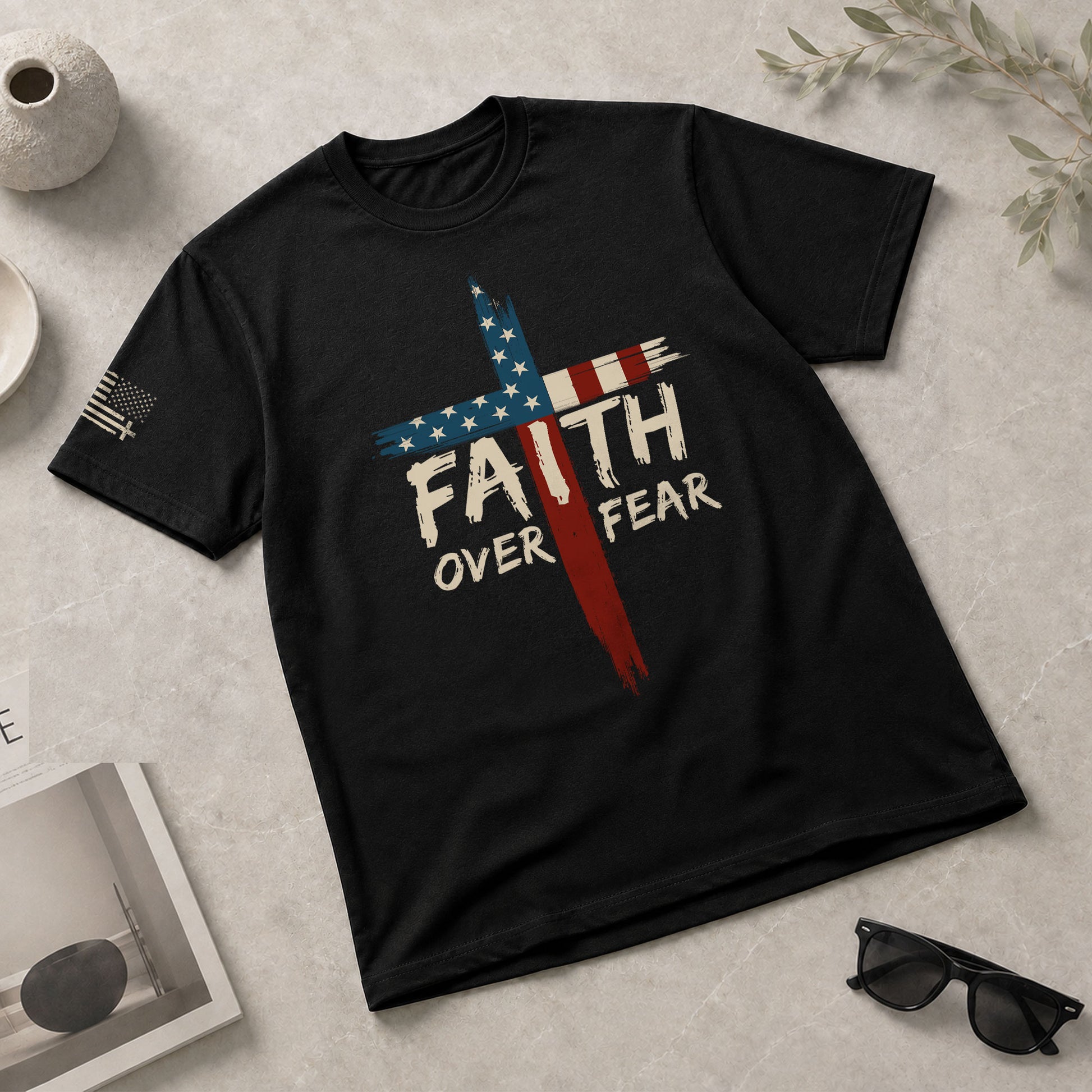 Christian Tee Shirts, Faith Over Fear USA Flag Cross Christian - Christian Shirts for Men - Rust Field Wear