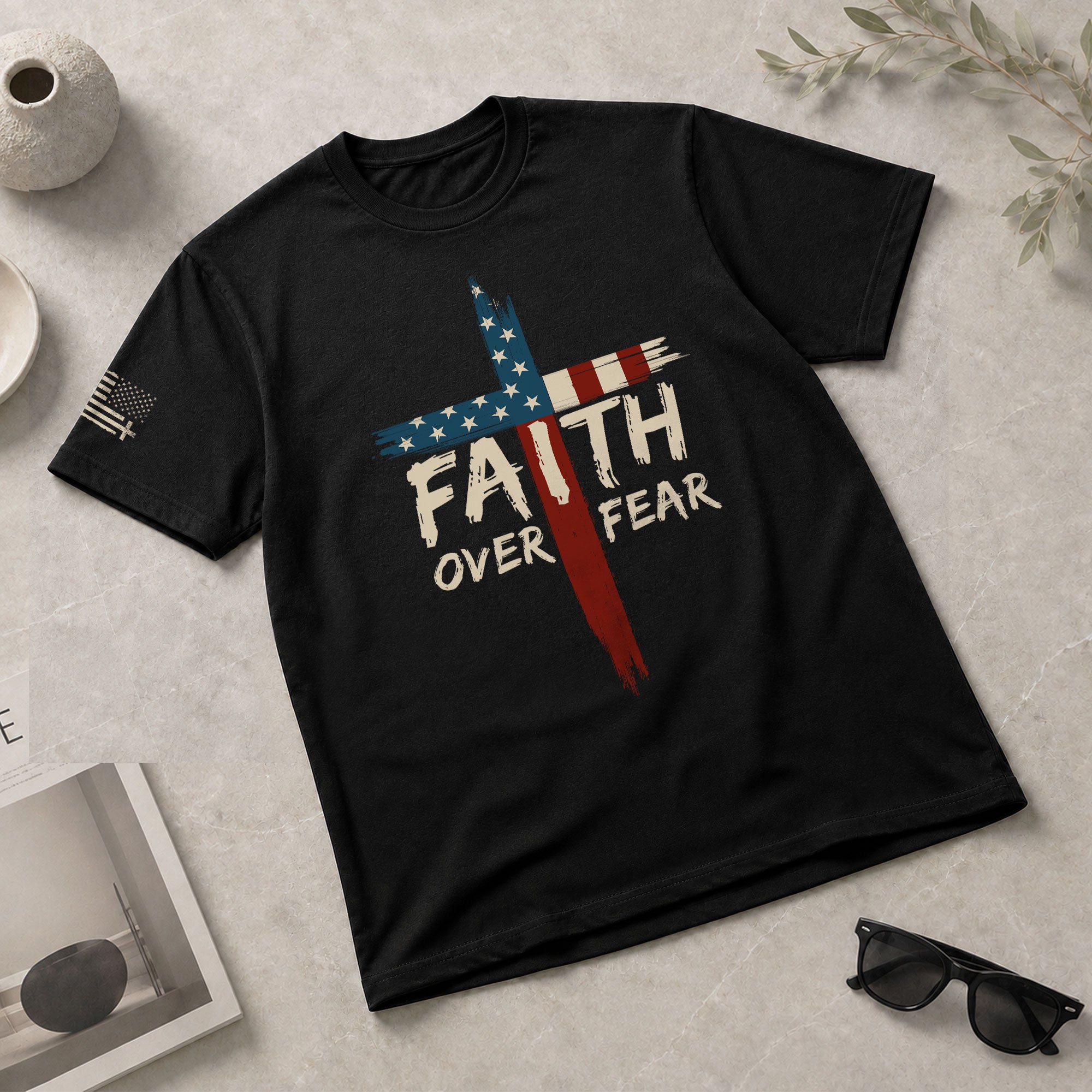 Christian Tee Shirts, Faith Over Fear USA Flag Cross Christian - Christian Shirts for Men - Rust Field Wear