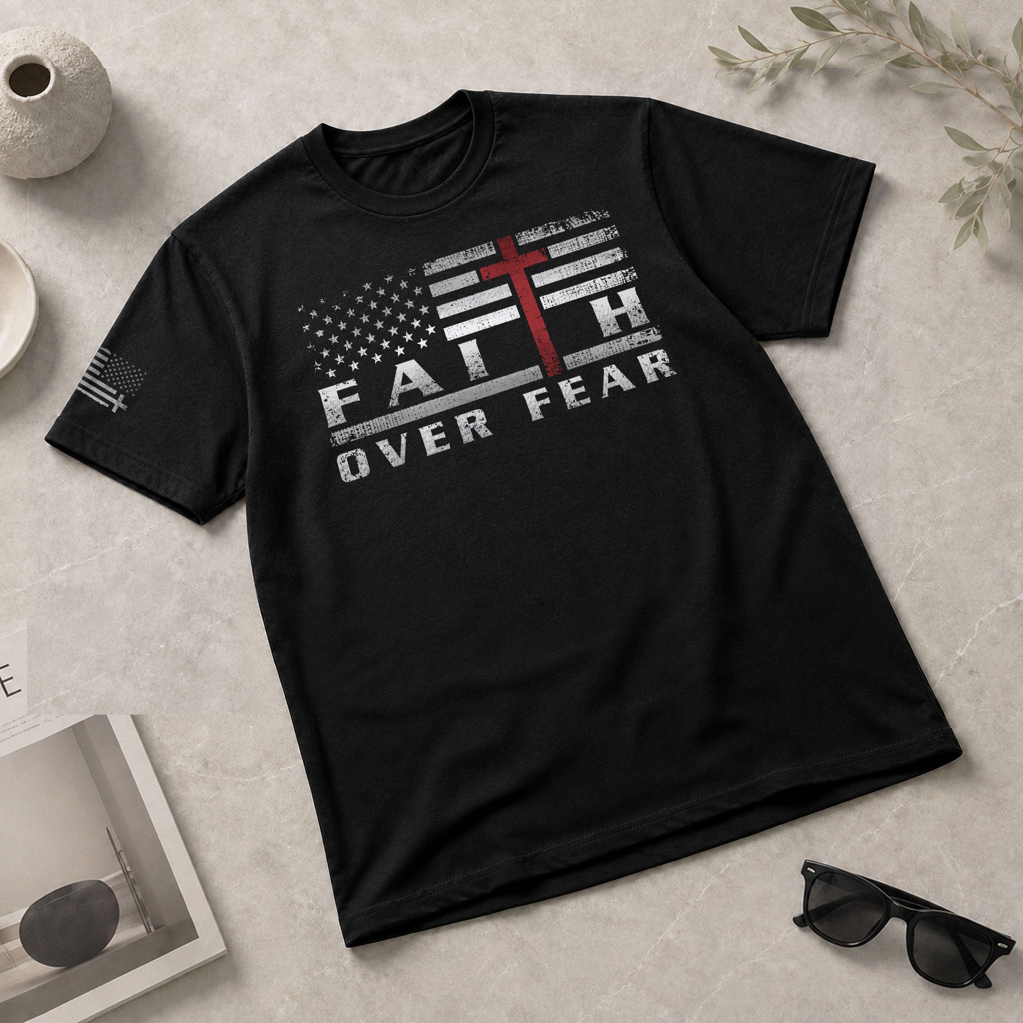 Faith Over Fear USA Flag Red Cross Christian - Christian Tee Shirts, Christian Shirts for Men - Rust Field Wear