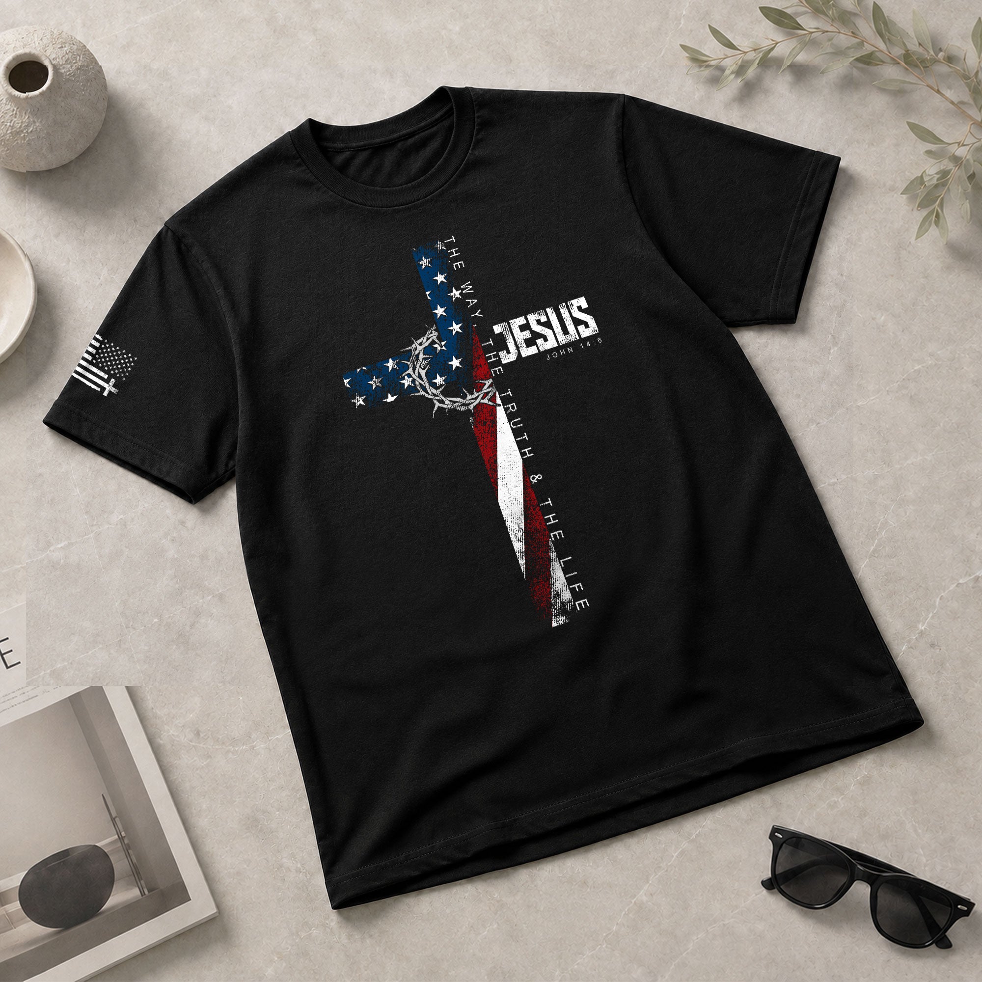 Christian Shirts for Men, Jesus John 14:6 American Flag Cross Crown Christian - Christian Tee Shirts - Rust Field Wear
