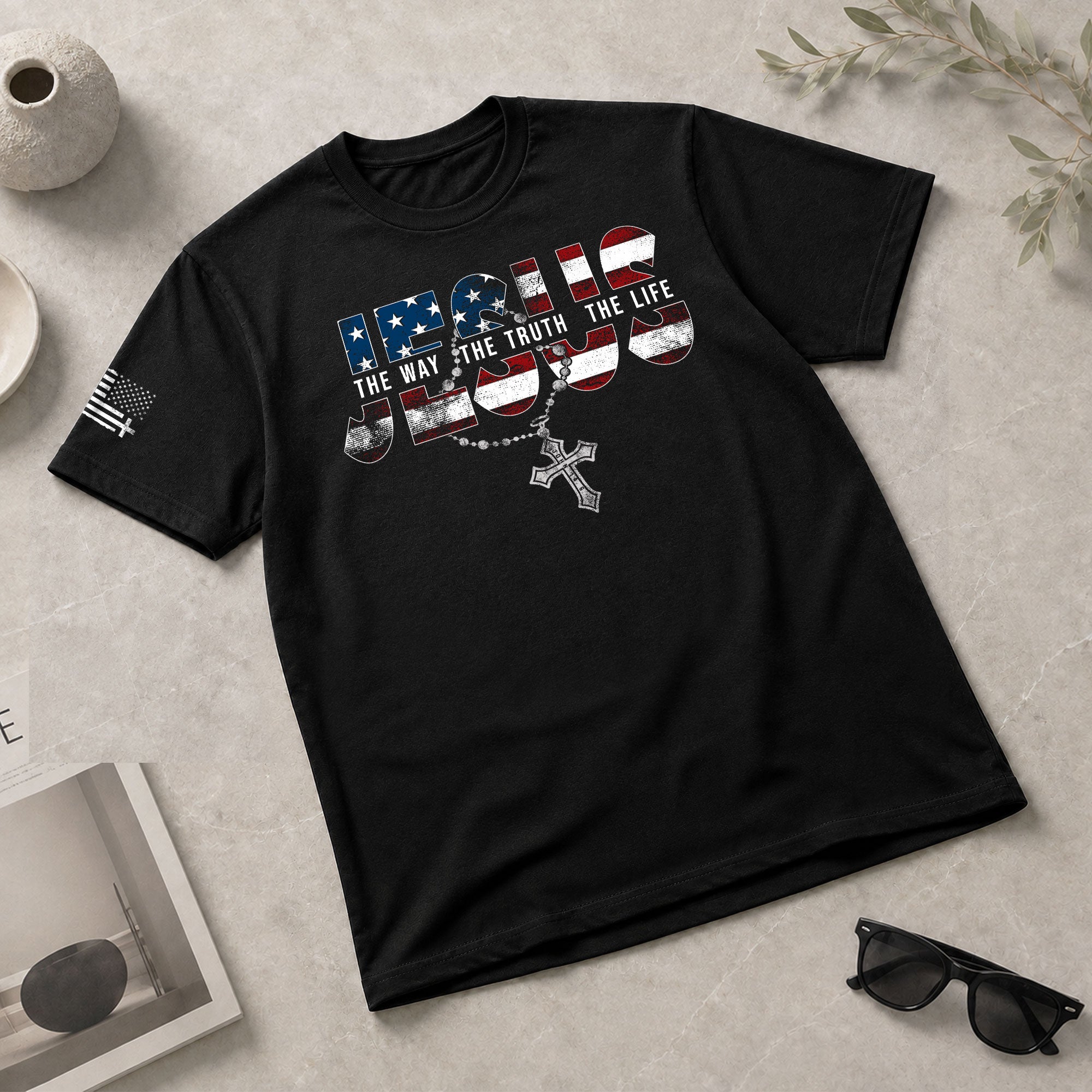 Jesus The Way The Truth The Life USA Flag Rosary Cross Christian, Christian Tee Shirts - Faith Shirts for Men - Rust Field Wear