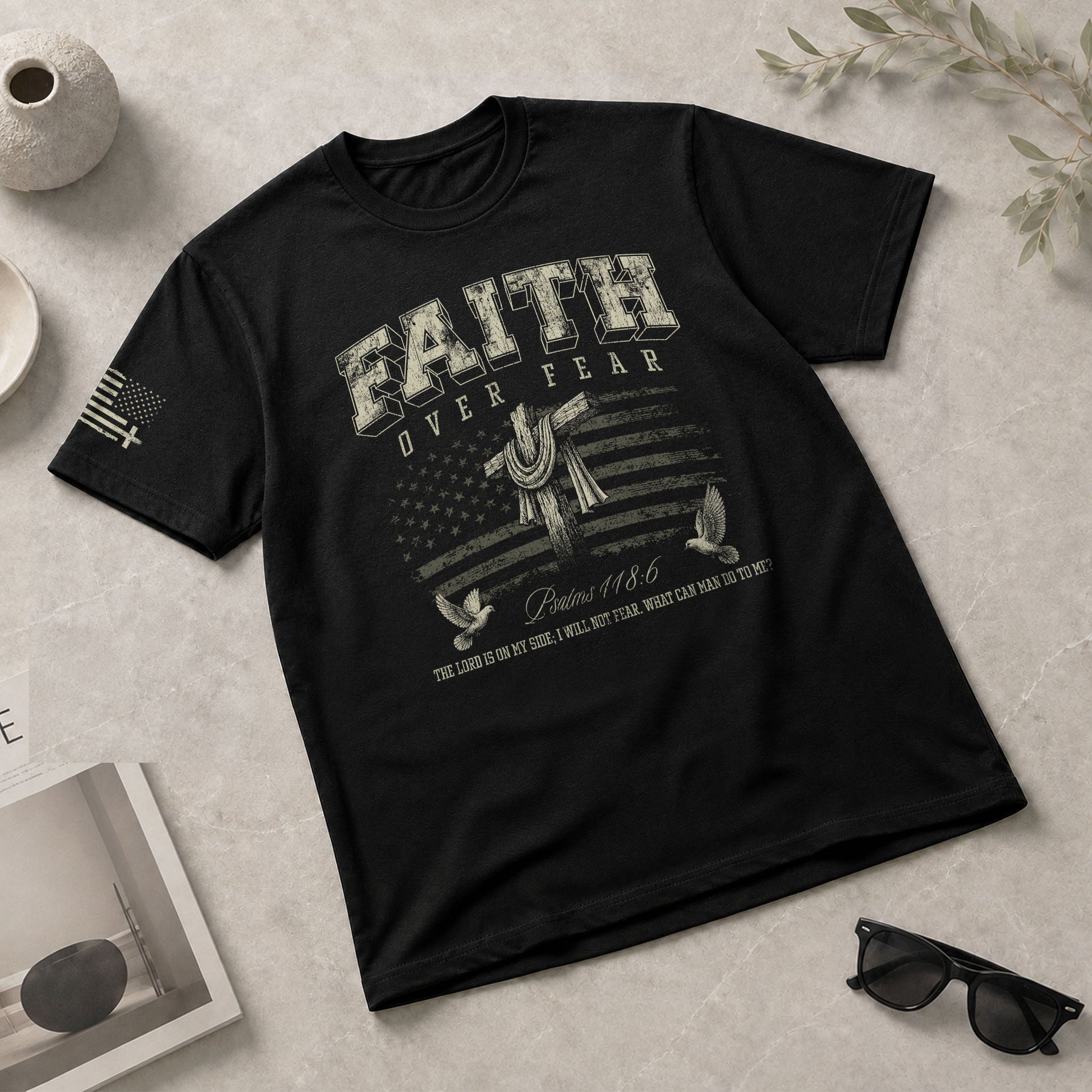 Christian Shirts for Men - Faith Over Fear American Flag Cross Doves Psalms 118:6 Christian, Christian Tee Shirts - Rust Field Wear