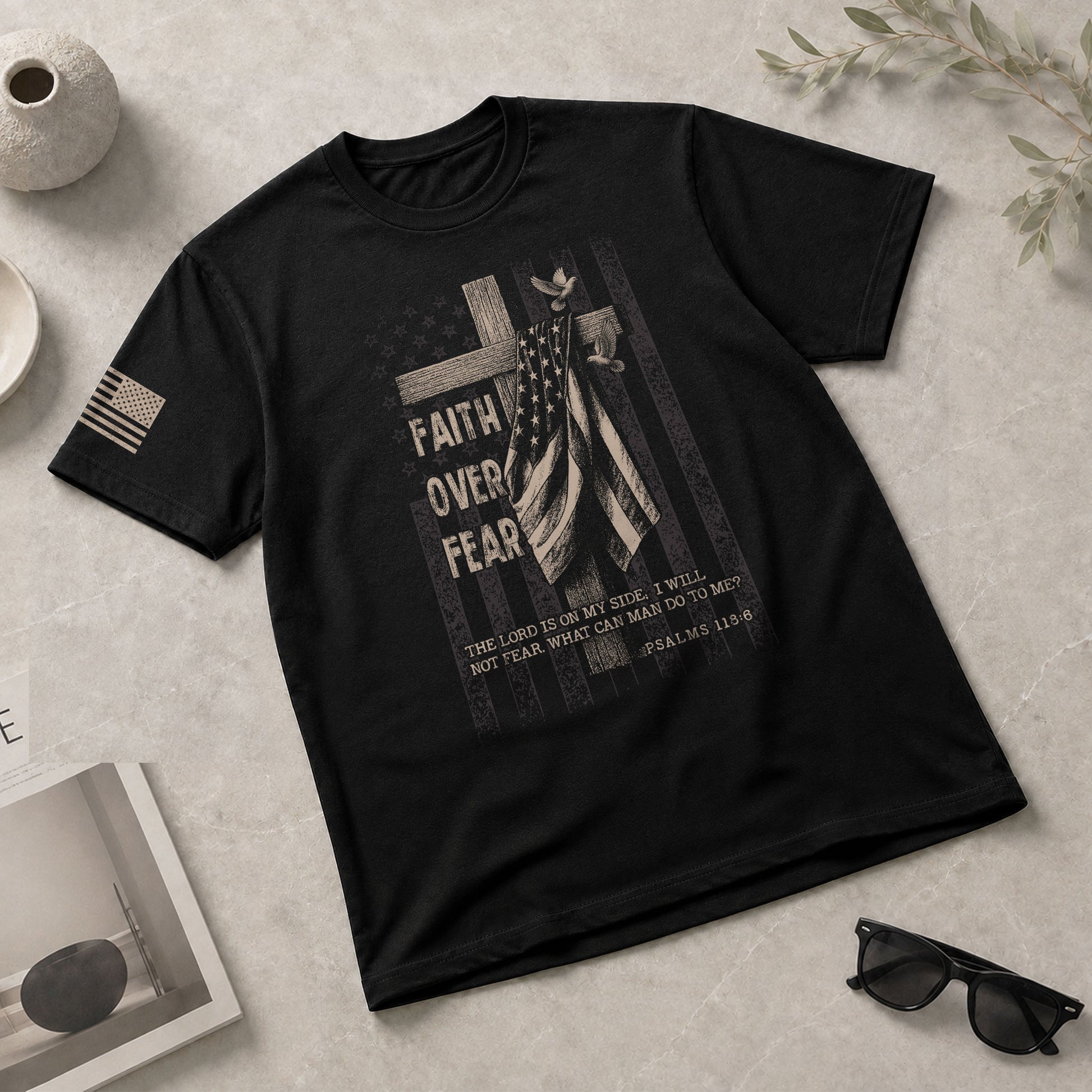 Faith Over Fear Cross With American Flag Psalms 118:6 Christian - Christian Shirts for Men, Faith Based Christian Tee Shirts - Rust Field Wear