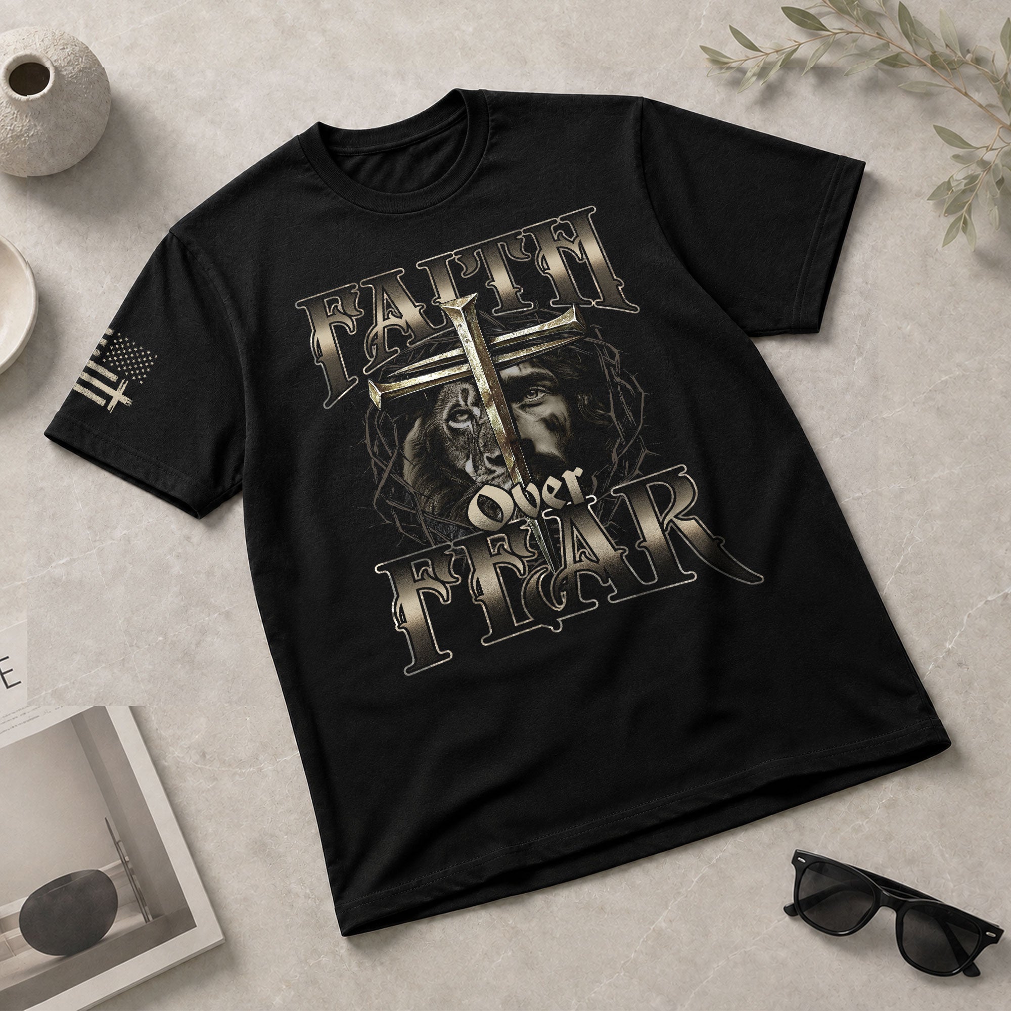 Christian Shirts for Men, Faith Over Fear Christian Lion Jesus Cross Crown Design - Christian Tee Shirts - Rust Field Wear